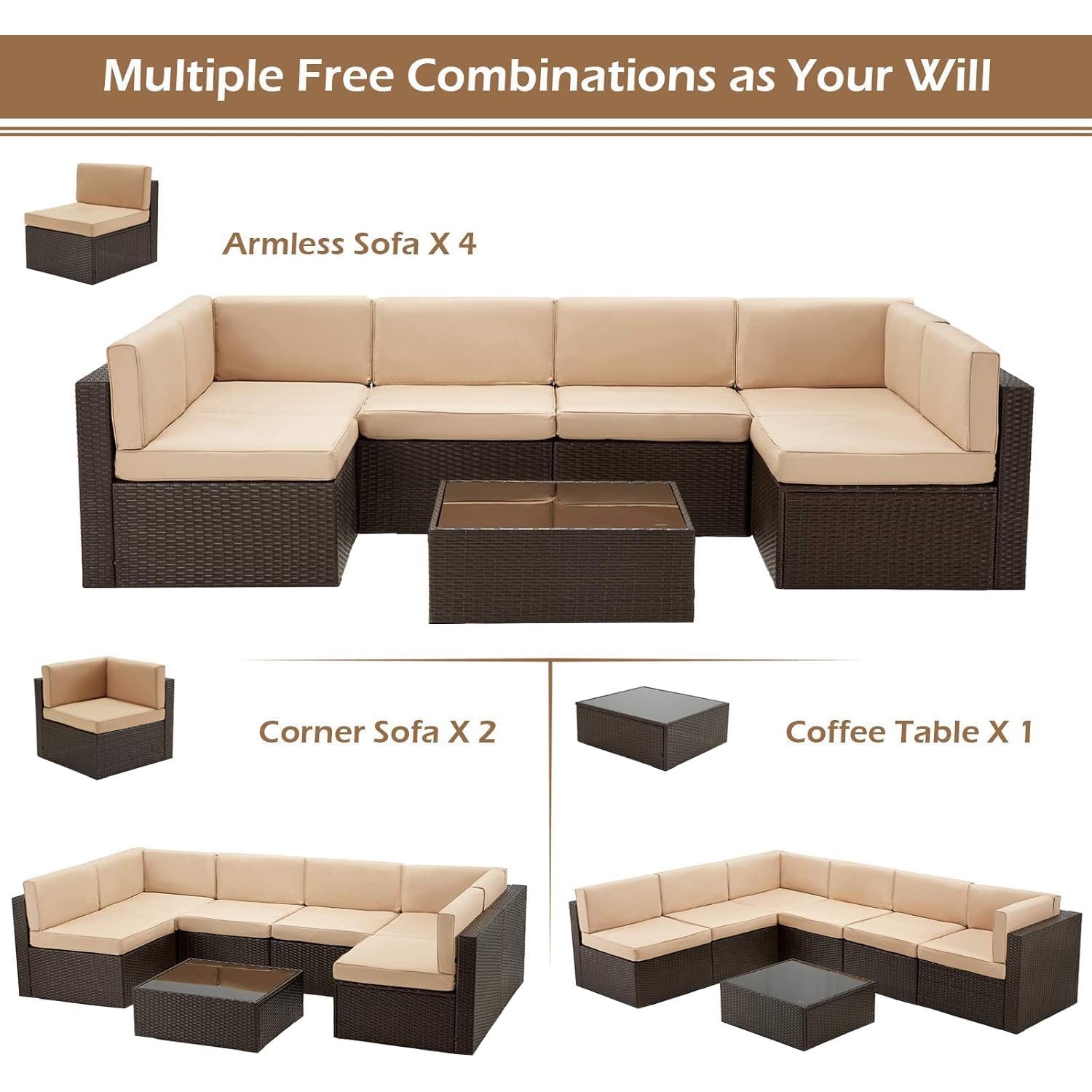 AECOJOY 7 Piece Outdoor Sectional Furniture Set with Cushions and Coffee Table, Patio PE Rattan Wicker Sofa, Beige