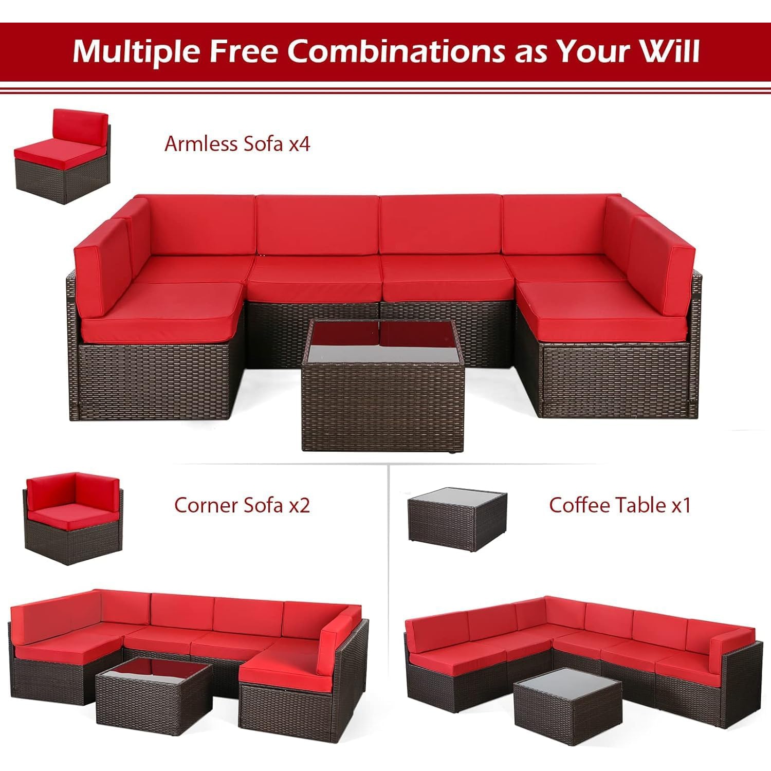 AECOJOY – Ensemble de meubles d'extérieur 7 pièces, ensemble de canapé modulaire en poly rotin avec coussins rouges et table à thé, rotin brun