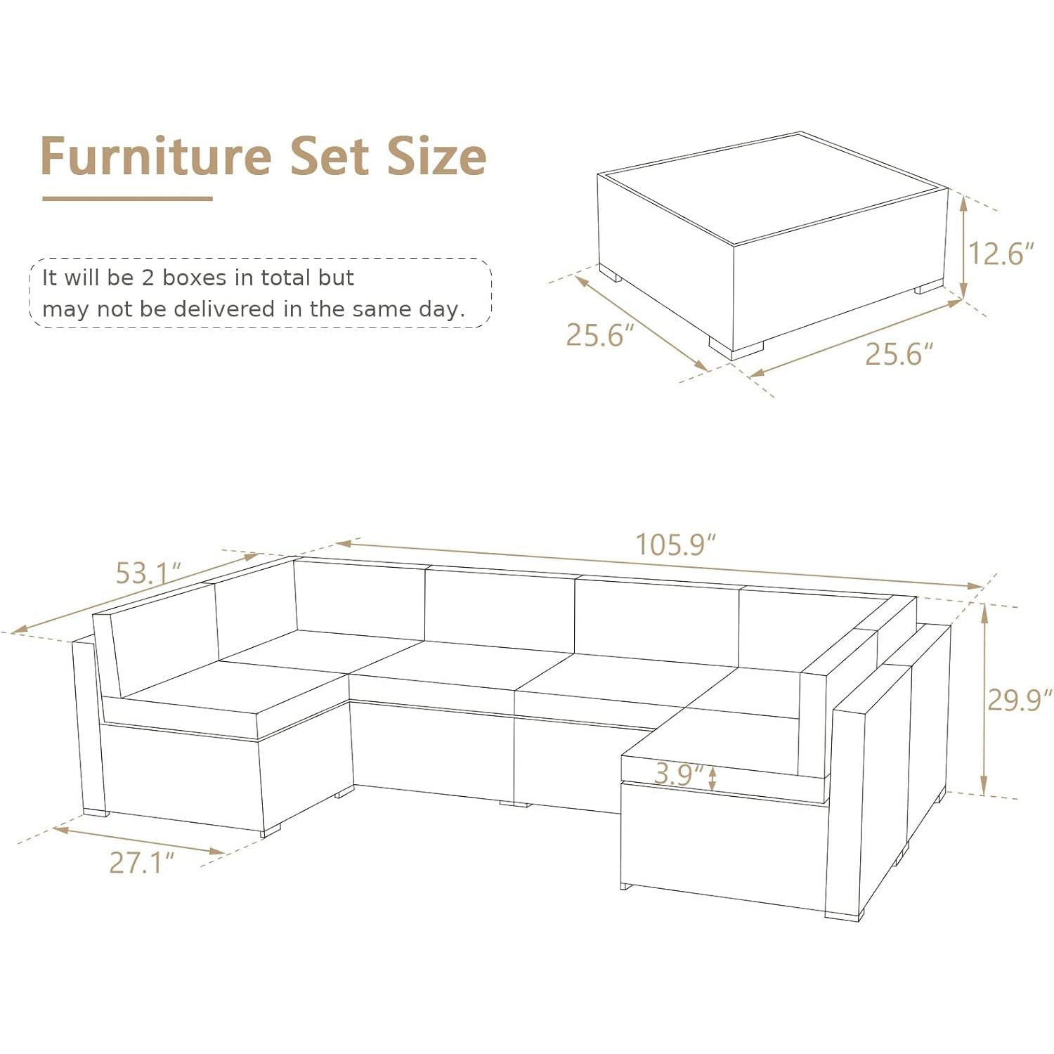 AECOJOY – Ensemble de meubles d'extérieur 7 pièces, ensemble de canapé modulaire en poly rotin avec coussins rouges et table à thé, rotin brun