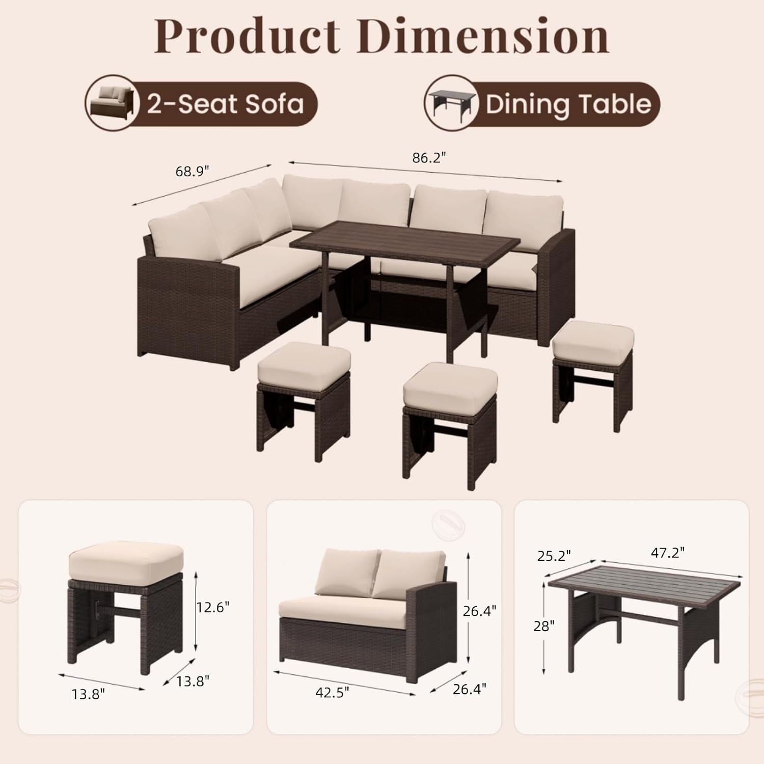 AECOJOY 7 Pieces Outdoor Patio Furniture Set, All Weather Wicker Rattan Dining Table & Chair with Ottoman, Beige
