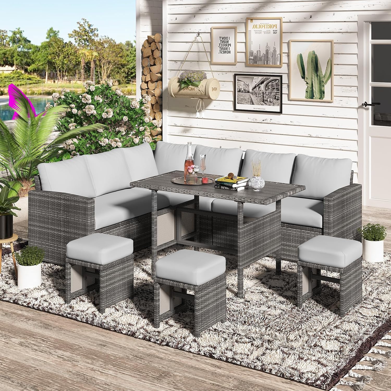 AECOJOY 7 Pieces Outdoor Patio Furniture Set, All Weather Wicker Rattan Dining Table & Chair with Ottoman, Light Grey