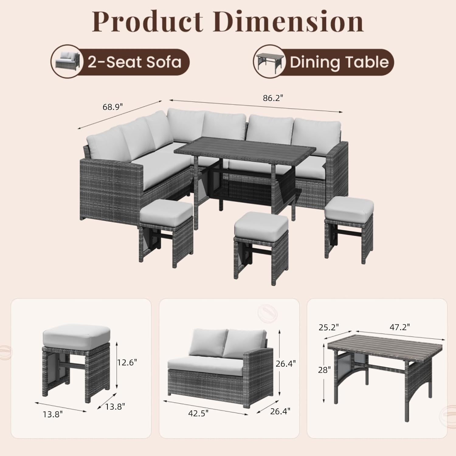 AECOJOY 7 Pieces Outdoor Patio Furniture Set, All Weather Wicker Rattan Dining Table & Chair with Ottoman, Light Grey