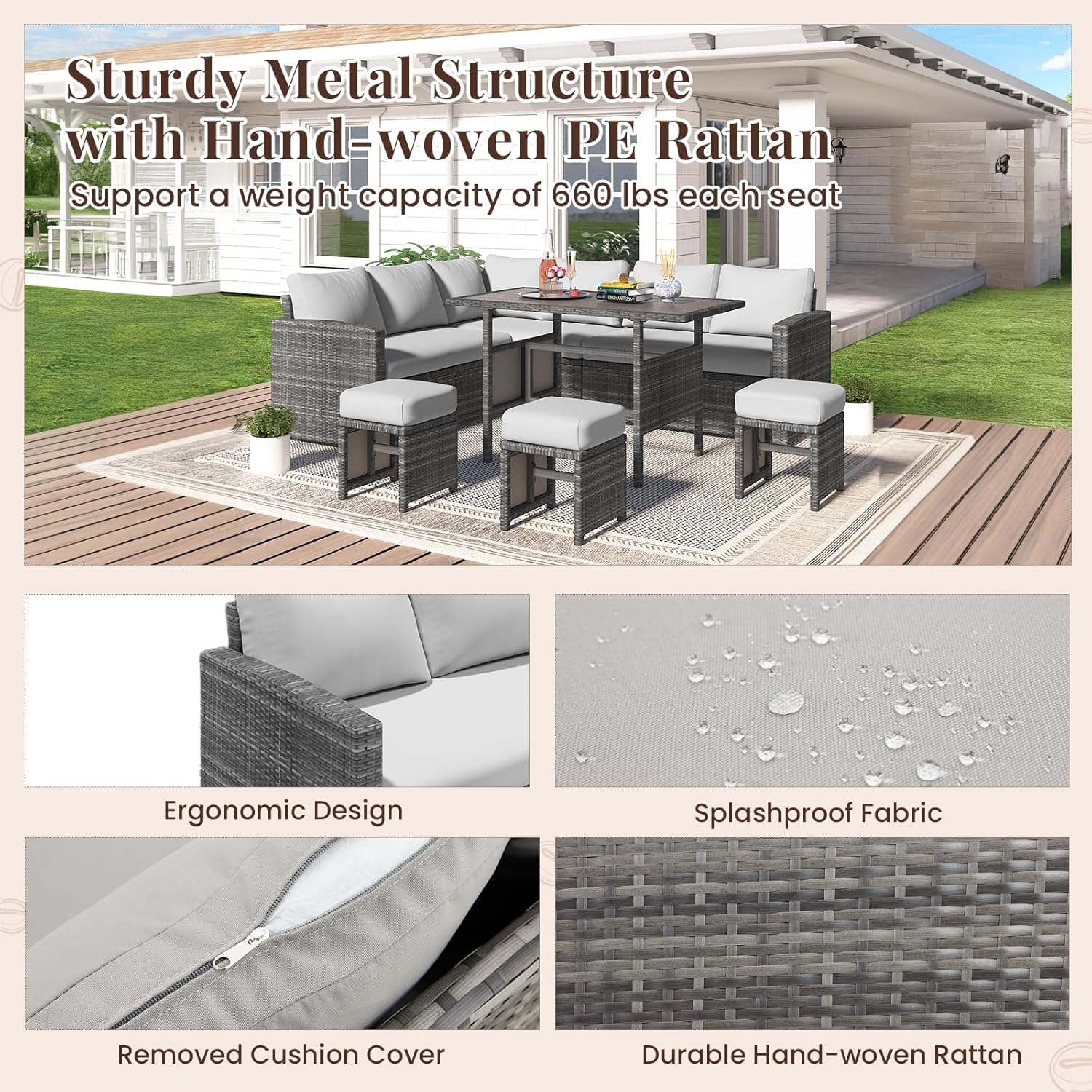 AECOJOY 7 Pieces Outdoor Patio Furniture Set, All Weather Wicker Rattan Dining Table & Chair with Ottoman, Light Grey