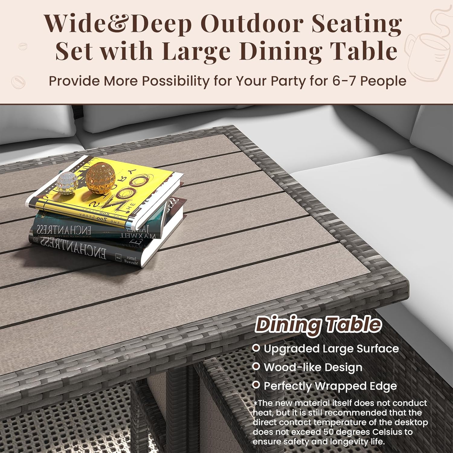 AECOJOY 7 Pieces Outdoor Patio Furniture Set, All Weather Wicker Rattan Dining Table & Chair with Ottoman, Light Grey