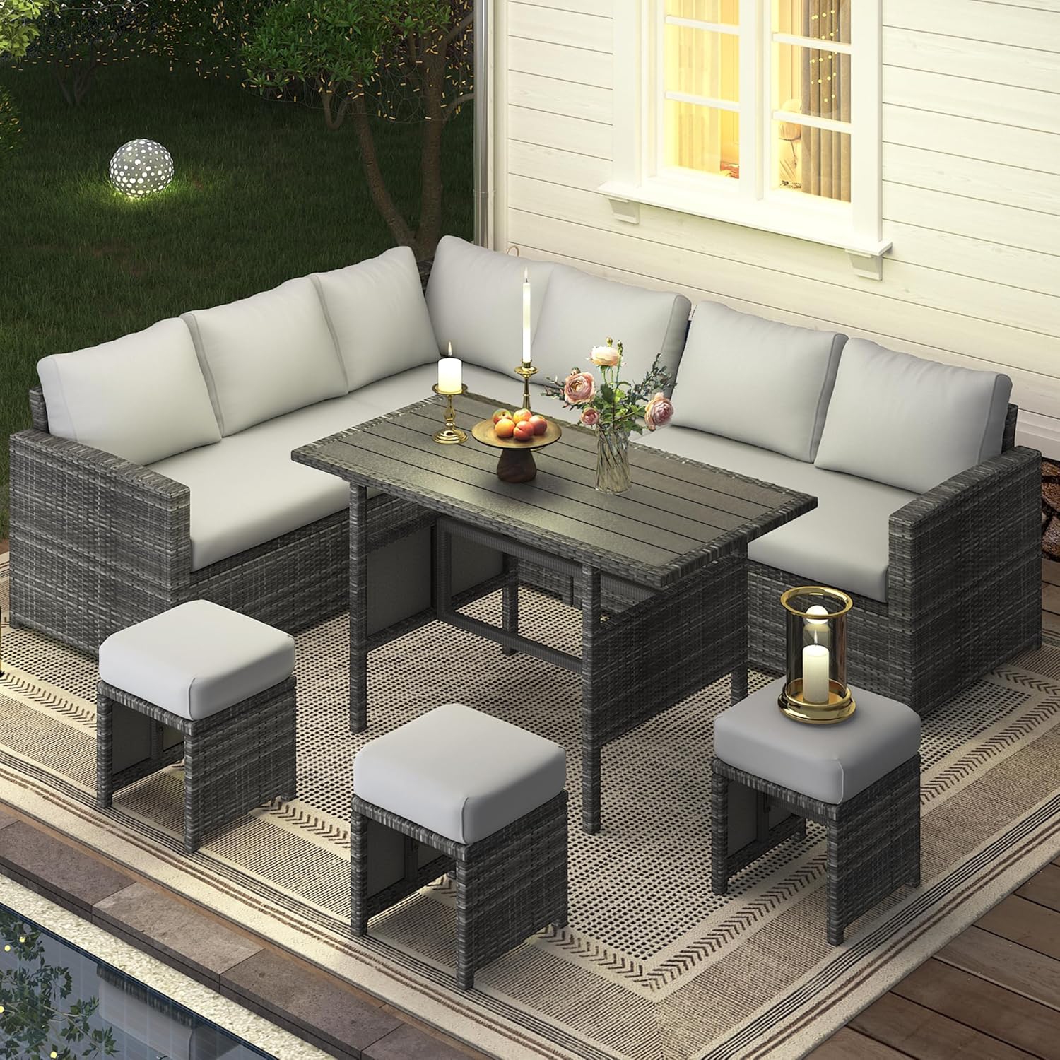 AECOJOY 7 Pieces Outdoor Patio Furniture Set, All Weather Wicker Rattan Dining Table & Chair with Ottoman, Light Grey