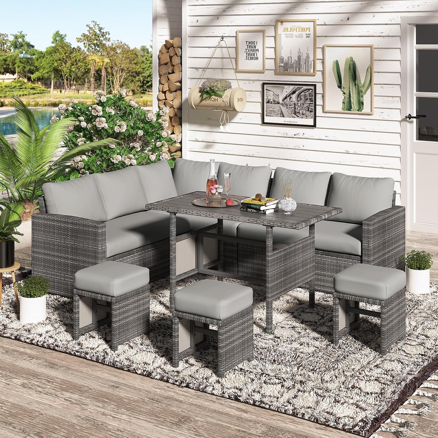 AECOJOY 7 Pieces Outdoor Patio Furniture Set, All Weather Wicker Rattan Dining Table & Chair with Ottoman, Grey