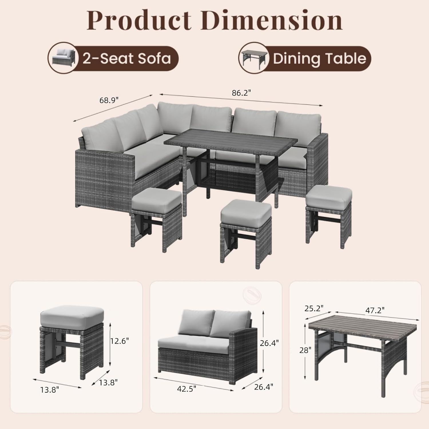 AECOJOY 7 Pieces Outdoor Patio Furniture Set, All Weather Wicker Rattan Dining Table & Chair with Ottoman, Grey