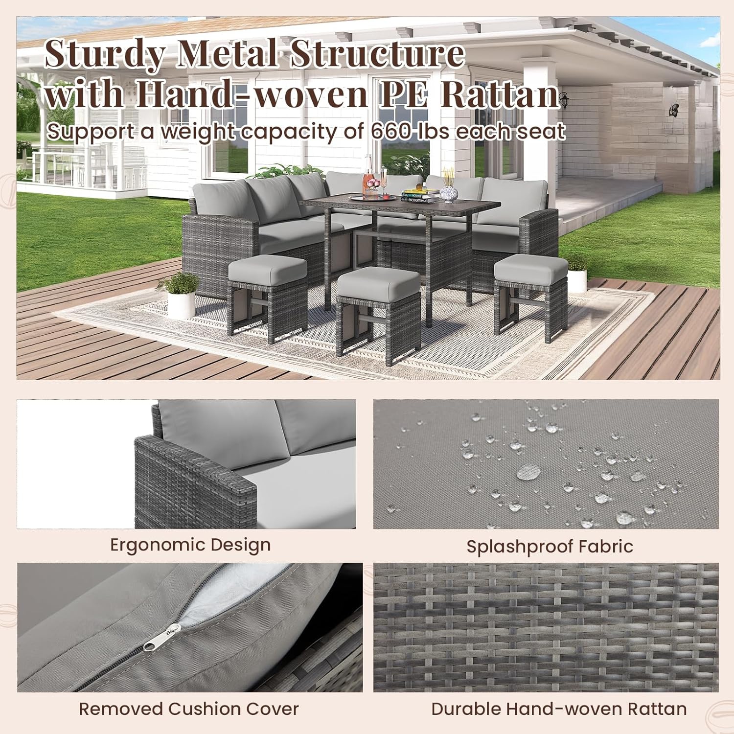 AECOJOY 7 Pieces Outdoor Patio Furniture Set, All Weather Wicker Rattan Dining Table & Chair with Ottoman, Grey