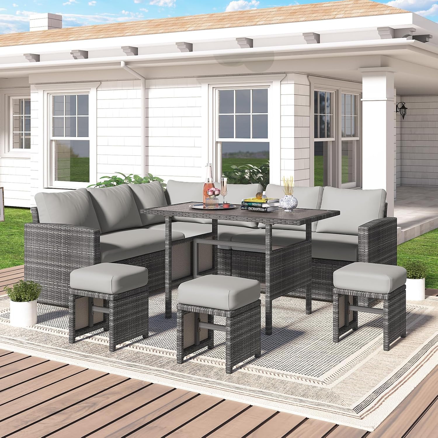 AECOJOY 7 Pieces Outdoor Patio Furniture Set, All Weather Wicker Rattan Dining Table & Chair with Ottoman, Grey