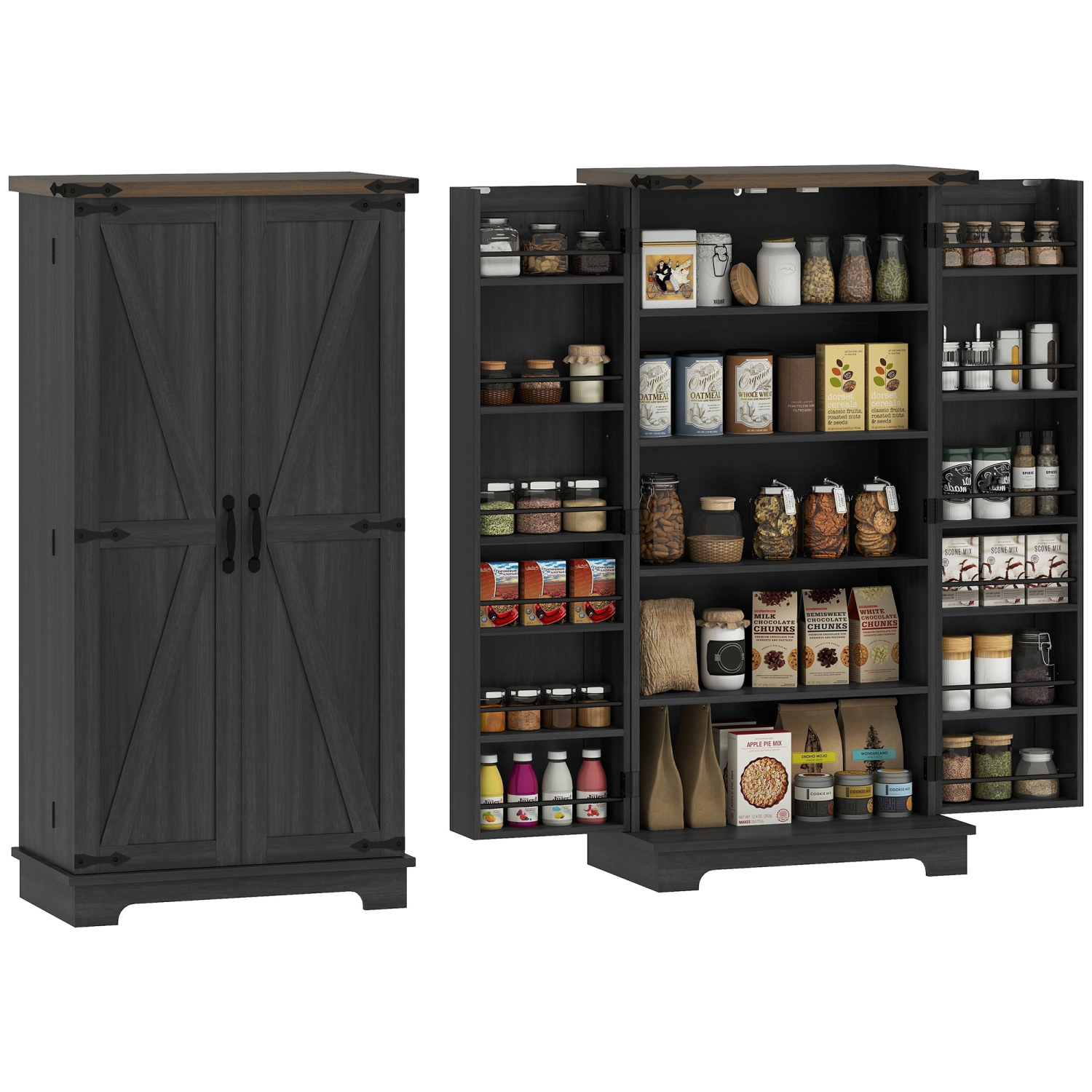 HOMCOM 47" Kitchen Pantry Cabinet, Freestanding Farmhouse Storage Cabinet with Doors, 2 Adjustable Shelves and 12 Door Shelves, Black