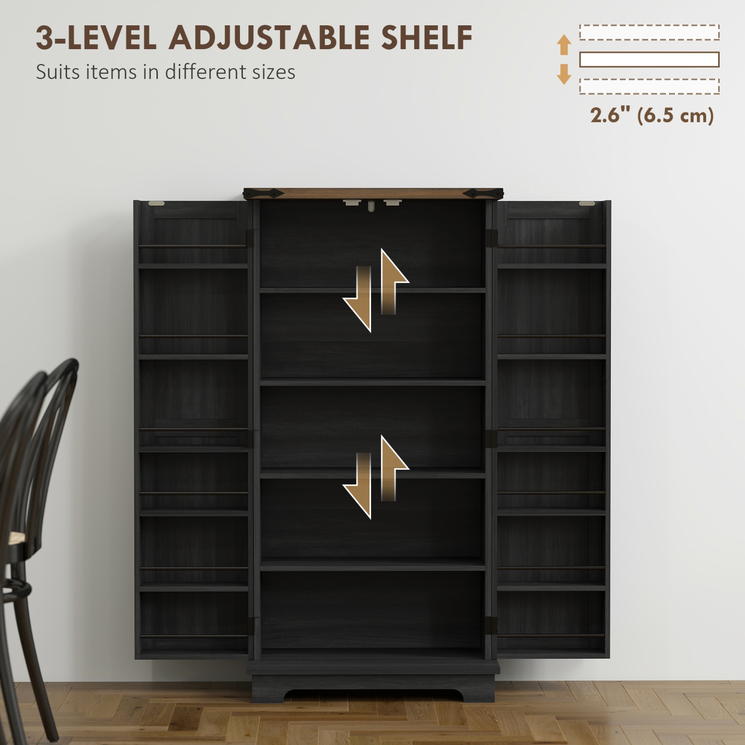 HOMCOM 47" Kitchen Pantry Cabinet, Freestanding Farmhouse Storage Cabinet with Doors, 2 Adjustable Shelves and 12 Door Shelves, Black