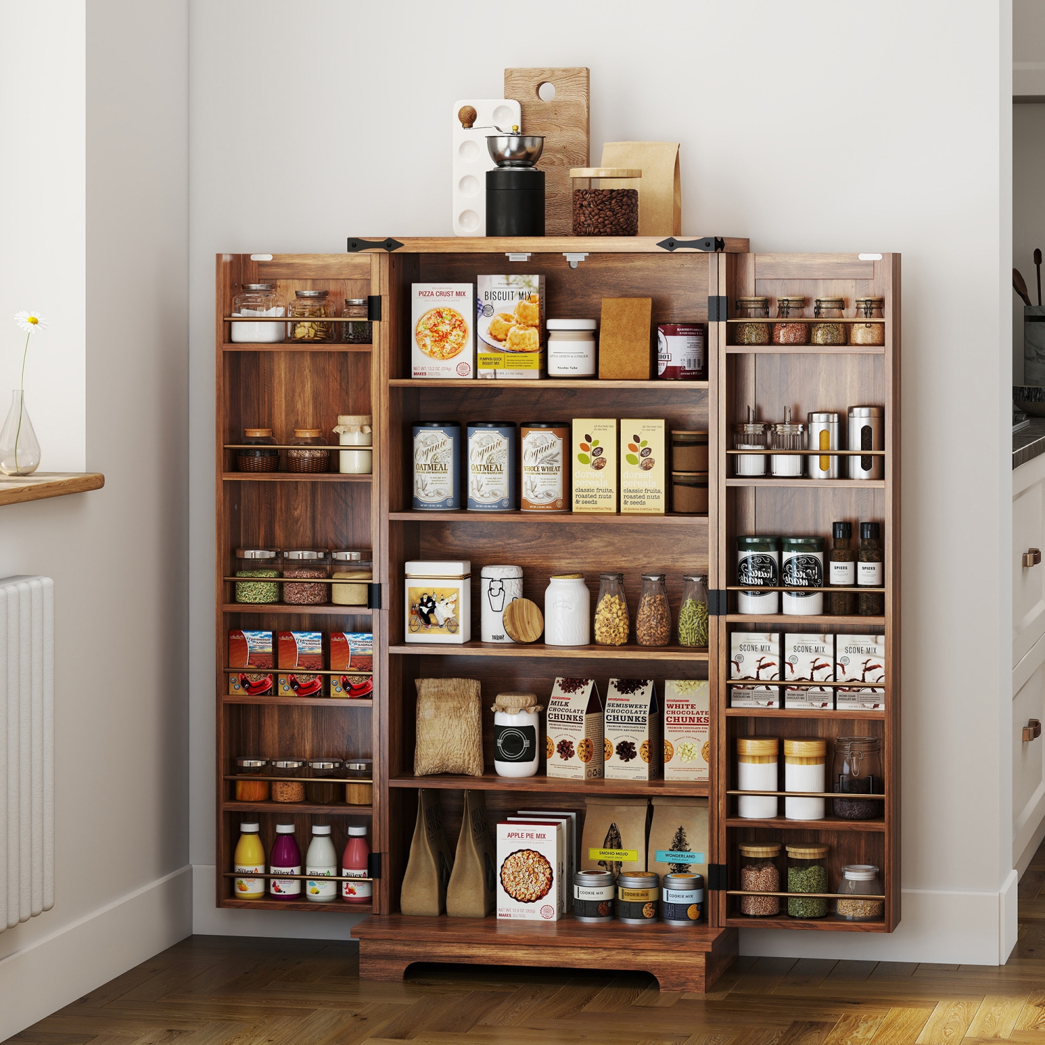 HOMCOM 47" Kitchen Pantry Cabinet, Freestanding Farmhouse Storage Cabinet with Doors, 2 Adjustable Shelves and 12 Door Shelves, Brown