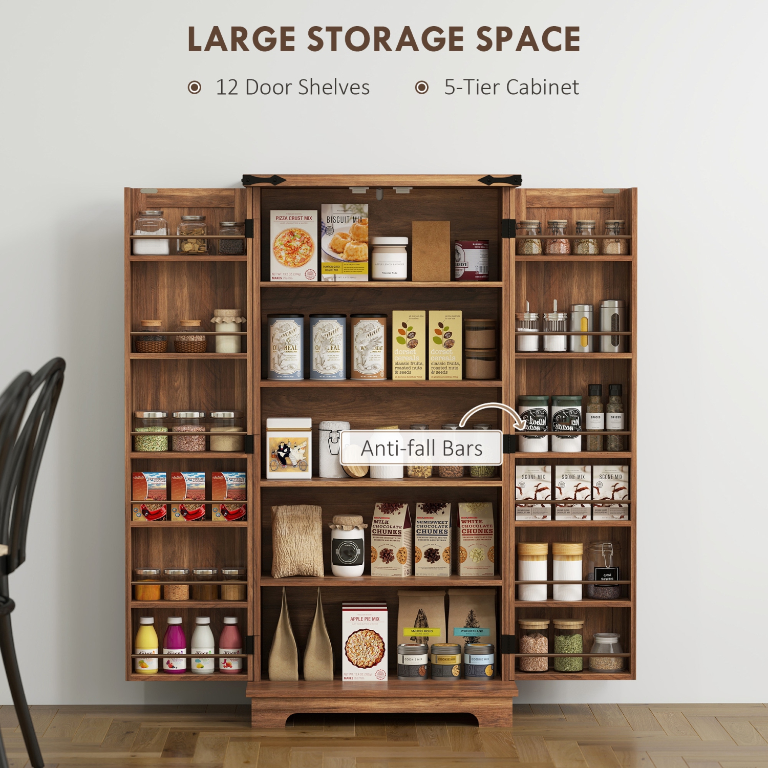 HOMCOM 47" Kitchen Pantry Cabinet, Freestanding Farmhouse Storage Cabinet with Doors, 2 Adjustable Shelves and 12 Door Shelves, Brown