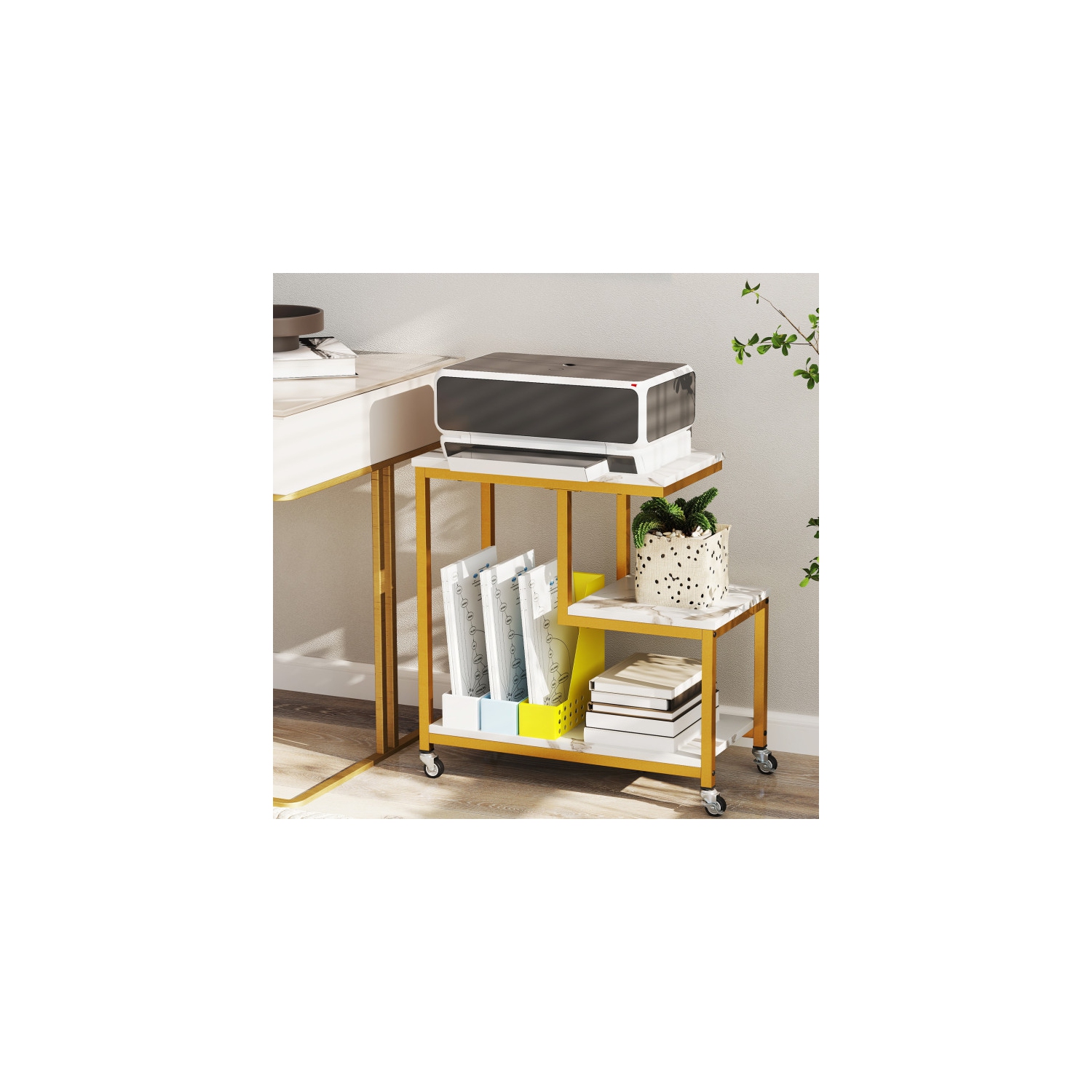 Table d'appoint moderne en forme de G à 3 niveaux avec tablettes ouvertes et mobilité