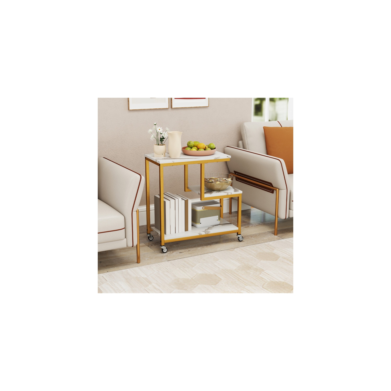 Table d'appoint moderne en forme de G à 3 niveaux avec tablettes ouvertes et mobilité