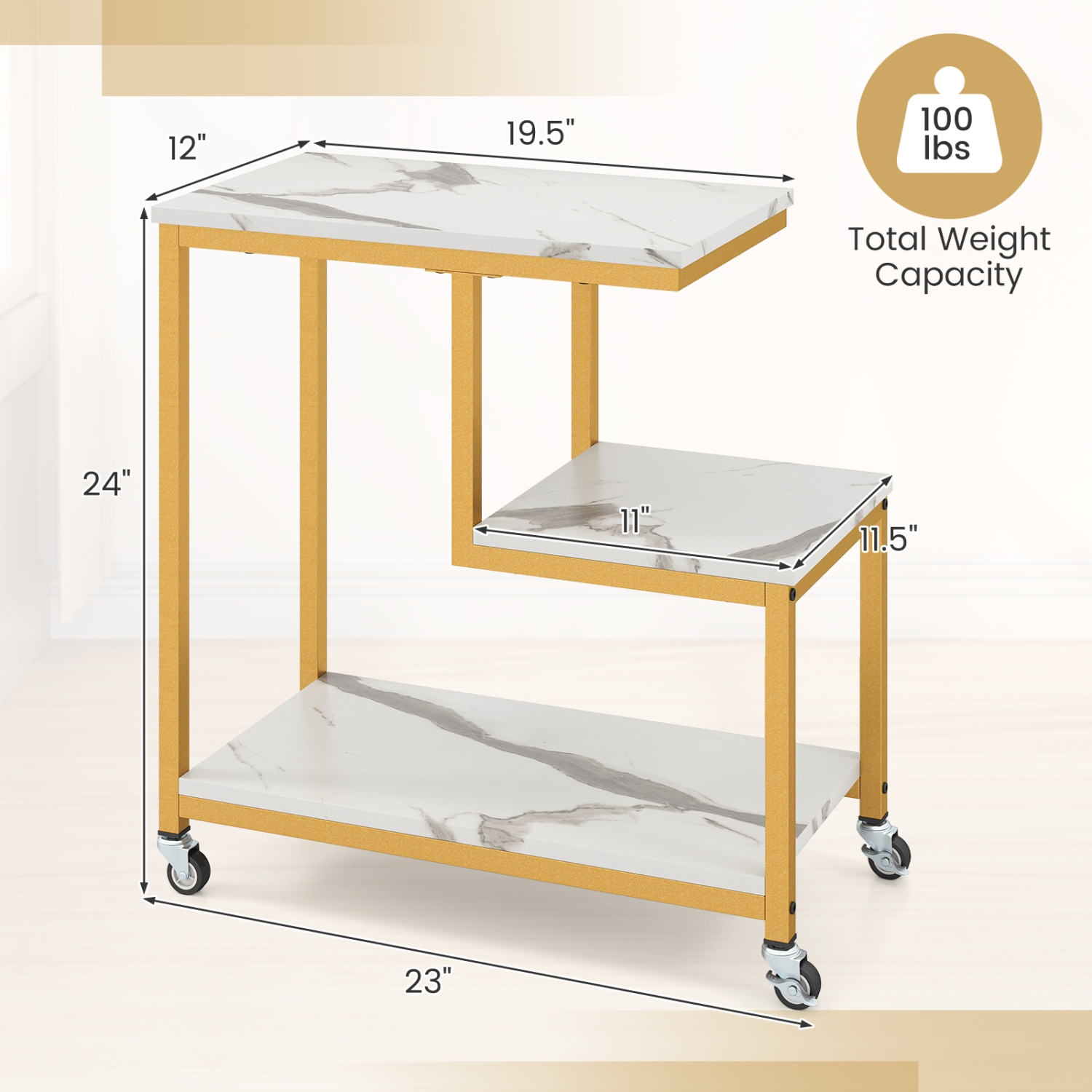 Table d'appoint moderne en forme de G à 3 niveaux avec tablettes ouvertes et mobilité