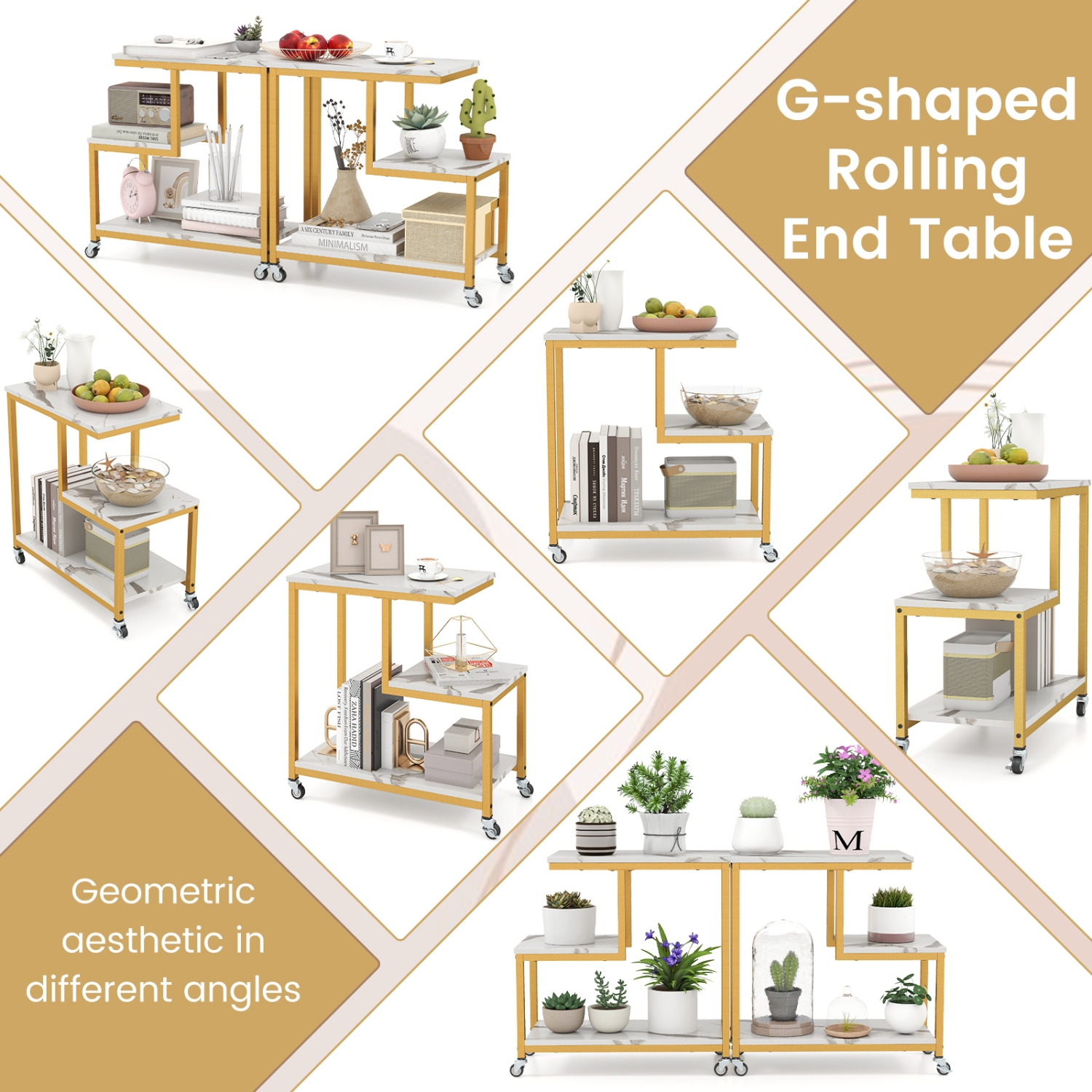 Table d'appoint moderne en forme de G à 3 niveaux avec tablettes ouvertes et mobilité