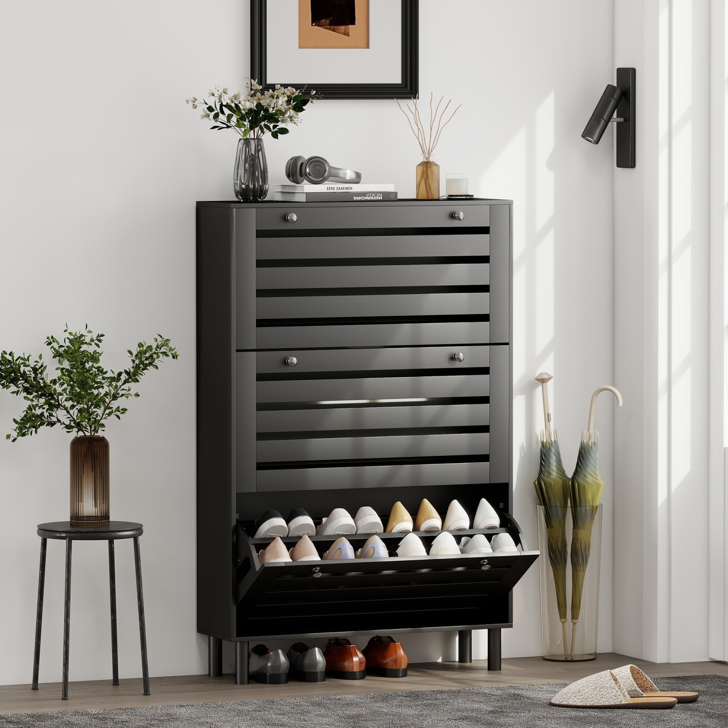 HOMCOM Narrow Shoe Storage Cabinet with 3 Flip Drawers and Adjustable Shelves for Hallway, Entryway, Slatted Panels Shoe Cabinet for 24 Pairs of