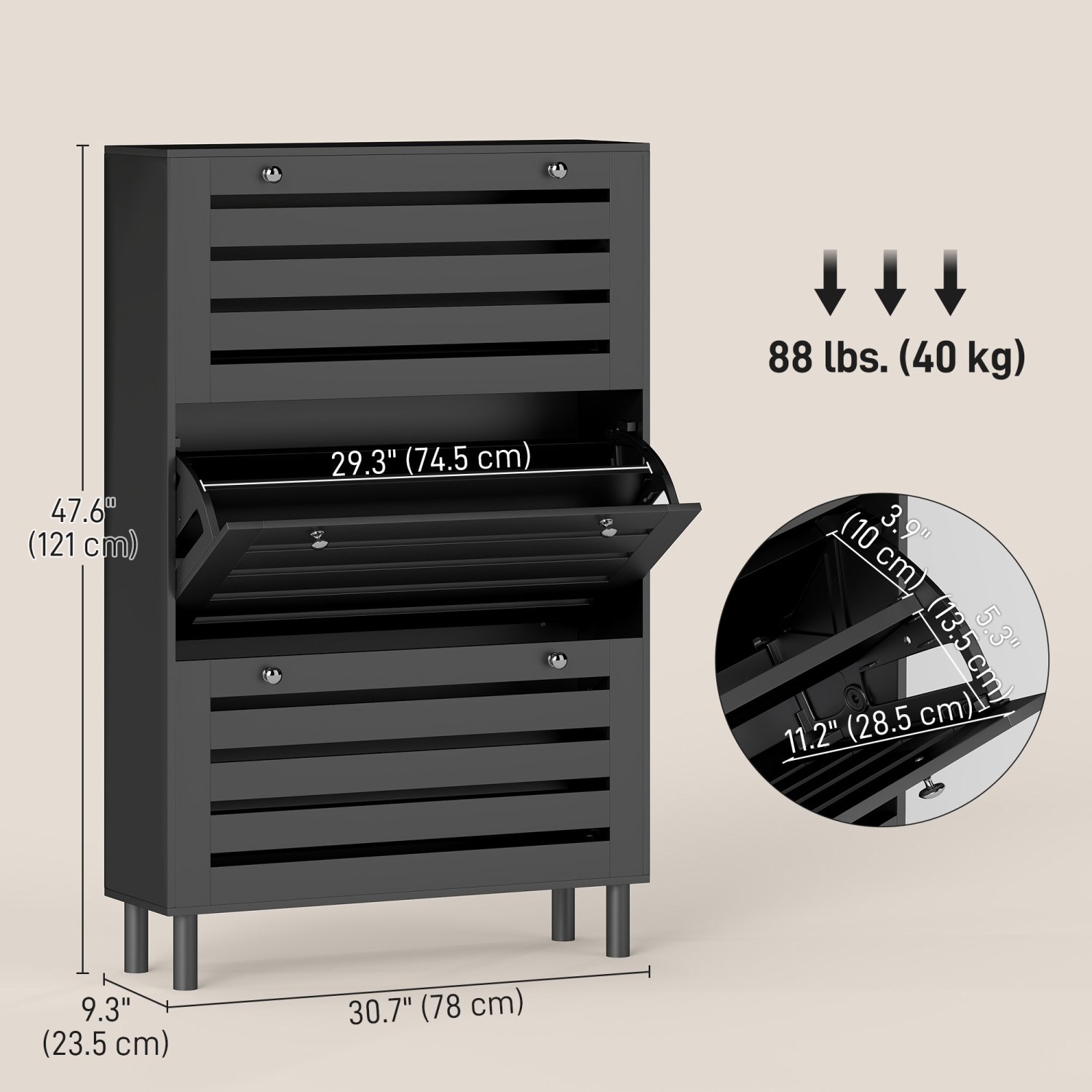 HOMCOM Narrow Shoe Storage Cabinet with 3 Flip Drawers and Adjustable Shelves for Hallway, Entryway, Slatted Panels Shoe Cabinet for 24 Pairs of