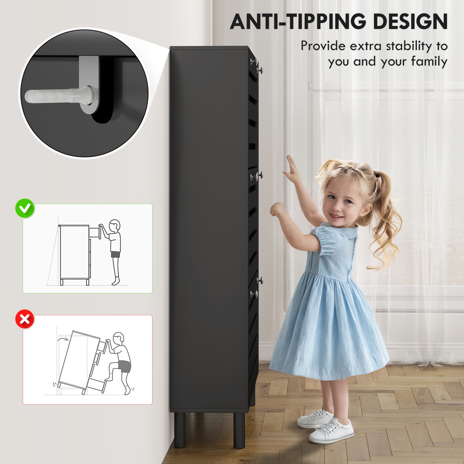 HOMCOM Narrow Shoe Storage Cabinet with 3 Flip Drawers and Adjustable Shelves for Hallway, Entryway, Slatted Panels Shoe Cabinet for 24 Pairs of