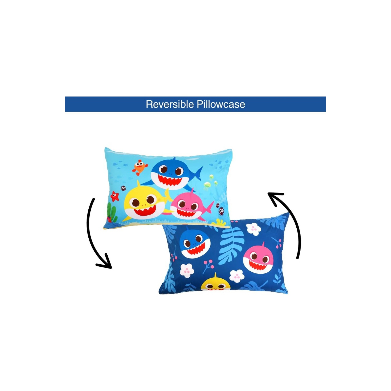 Ensemble de literie pour lit simple Baby Shark – Ensemble 4 pièces pour enfants avec couvre-lit, drap-housse, drap plat et taie d'oreiller