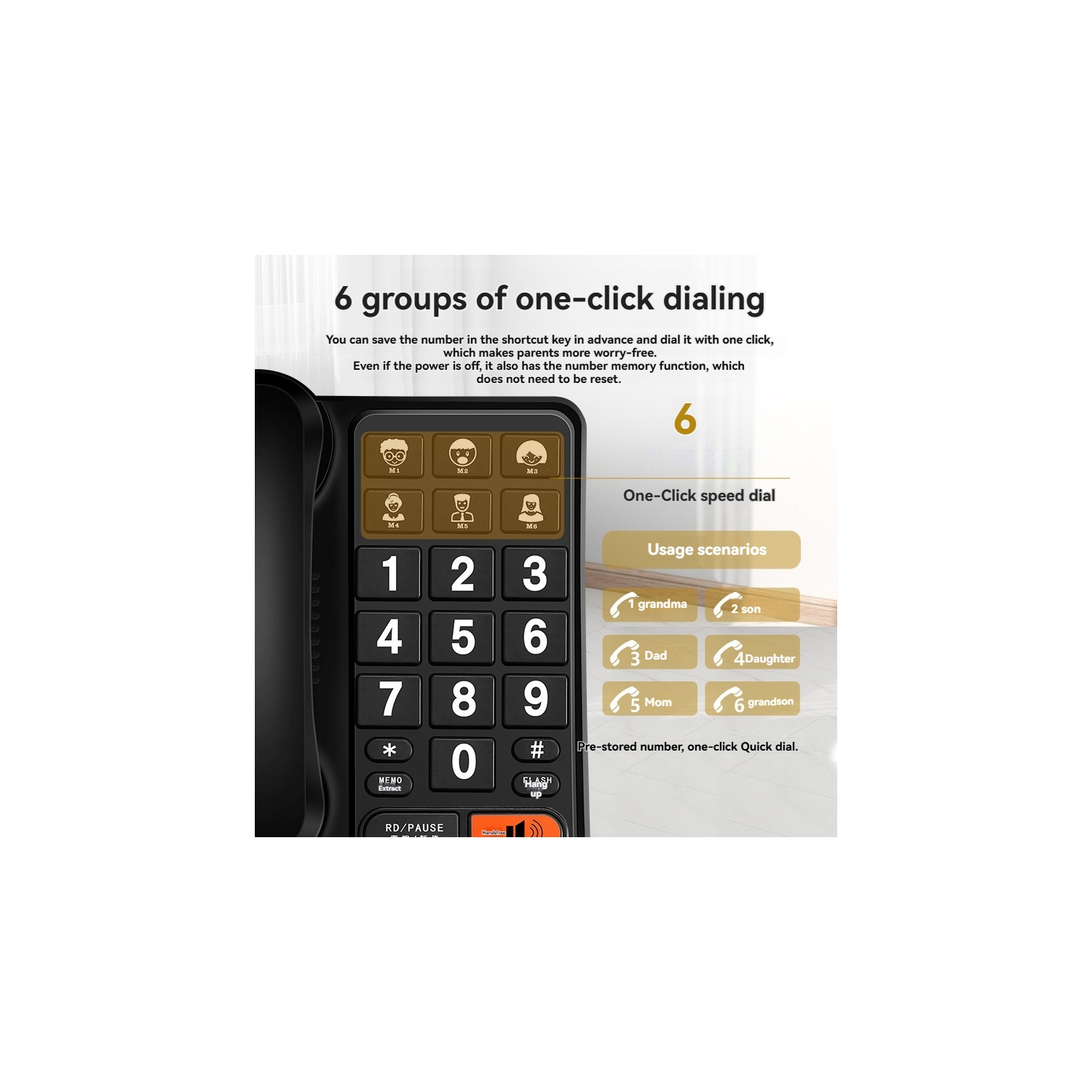 Téléphone fixe filaire pour aînés avec sonneries fortes et fonction de recomposition, plug-and-play et sans pile - Noir