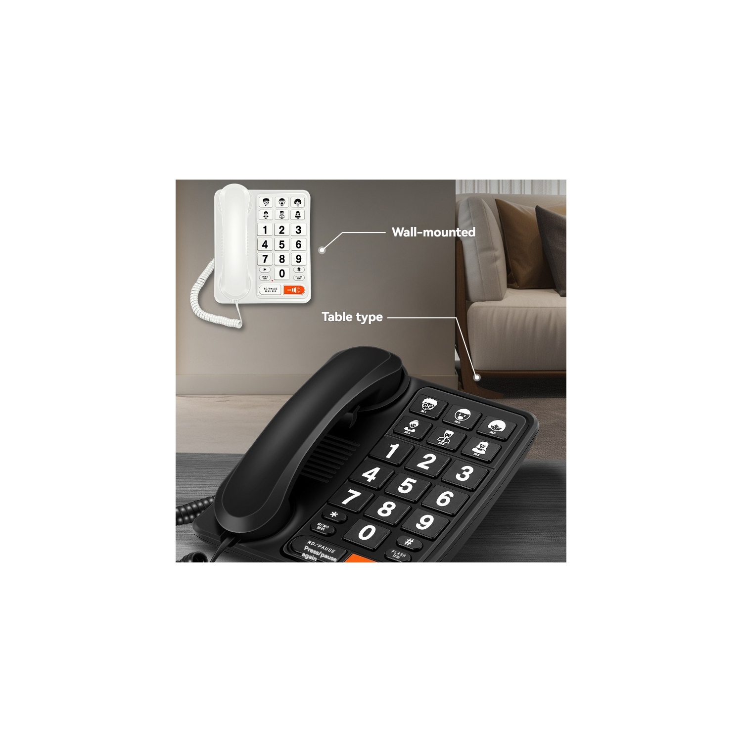 Téléphone fixe filaire pour aînés avec sonneries fortes et fonction de recomposition, plug-and-play et sans pile - Noir