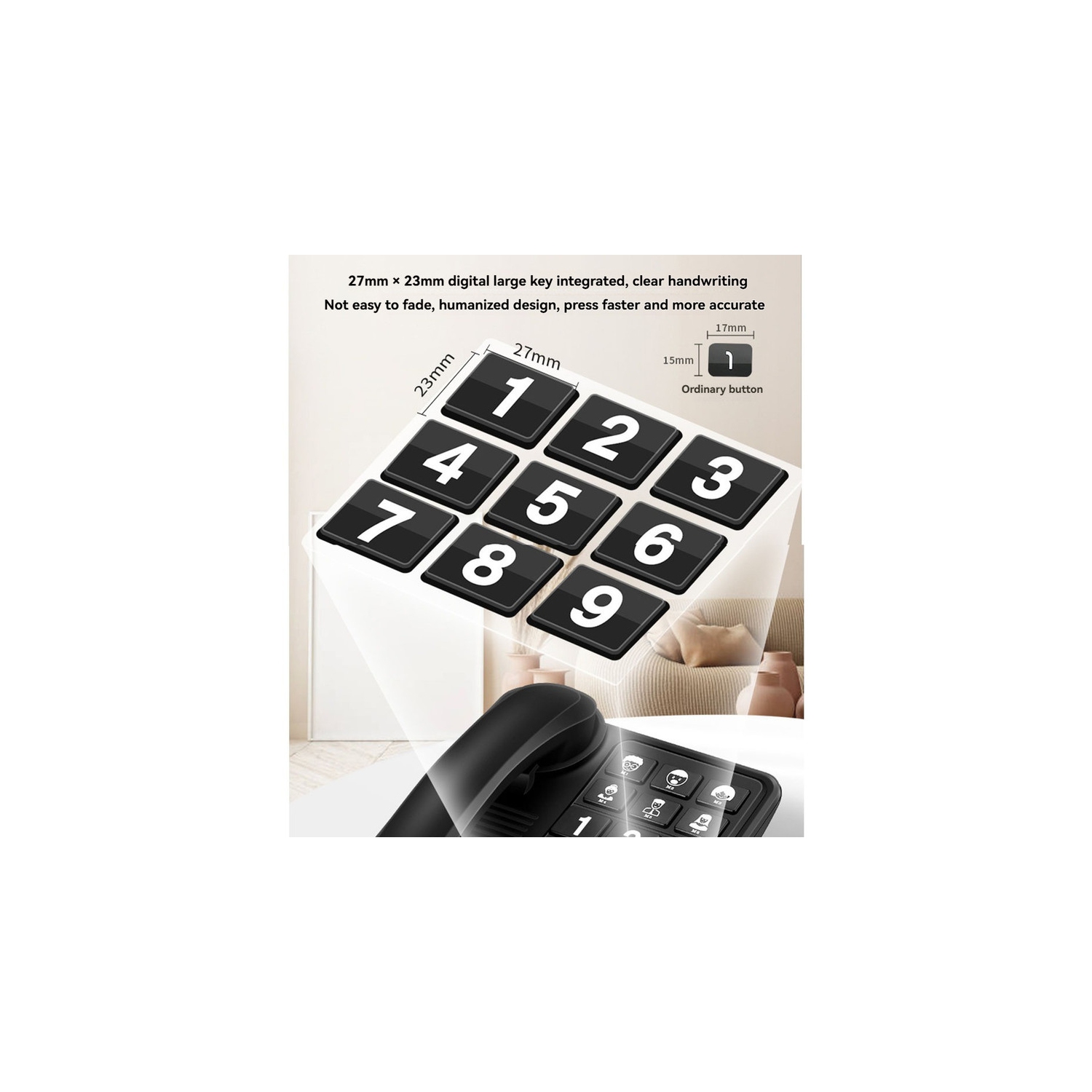 Téléphone fixe filaire pour aînés avec sonneries fortes et fonction de recomposition, plug-and-play et sans pile - Noir