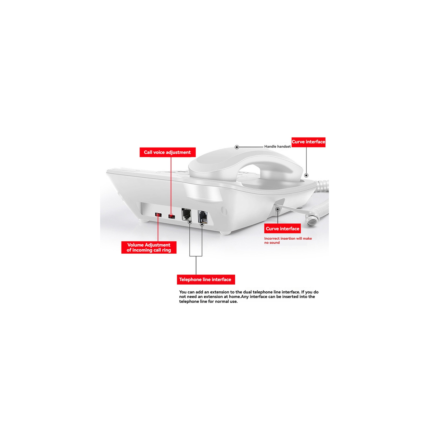 Téléphone fixe filaire pour aînés avec sonneries fortes et fonction de recomposition, plug-and-play et sans pile - Noir