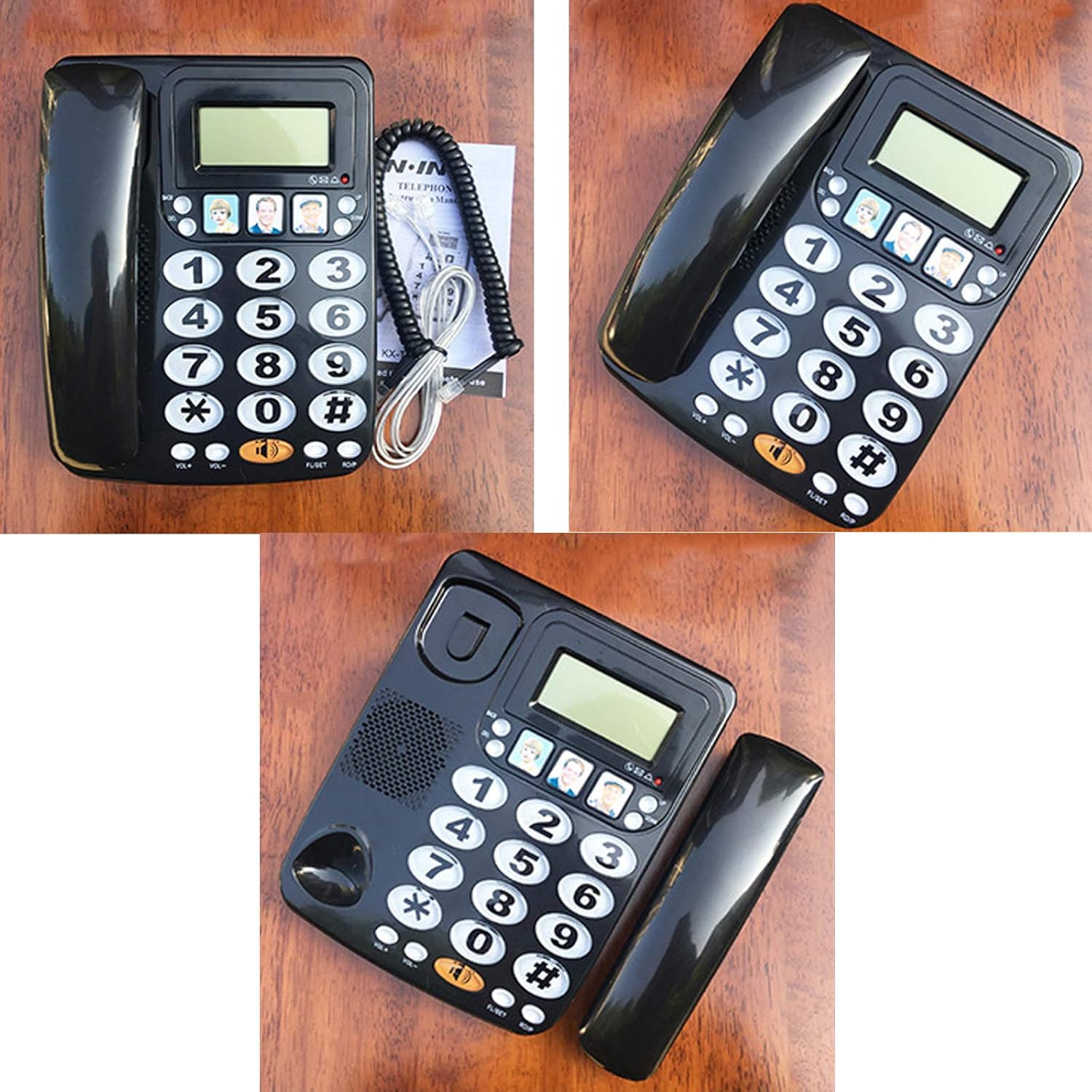 Téléphone avec fil, composition à deux boutons, haut-parleur et afficheur pour la maison ou le bureau - Noir