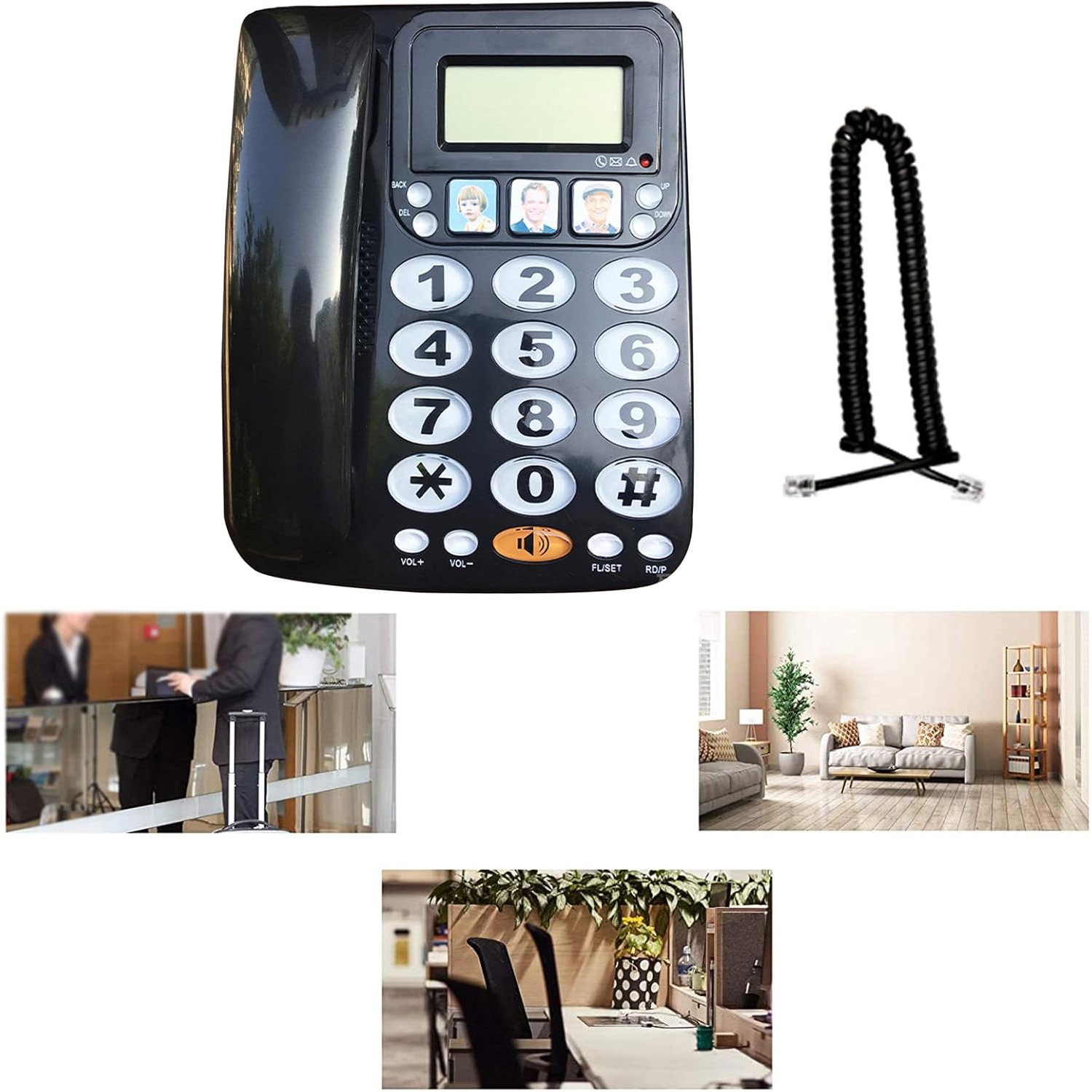 Téléphone avec fil, composition à deux boutons, haut-parleur et afficheur pour la maison ou le bureau - Noir