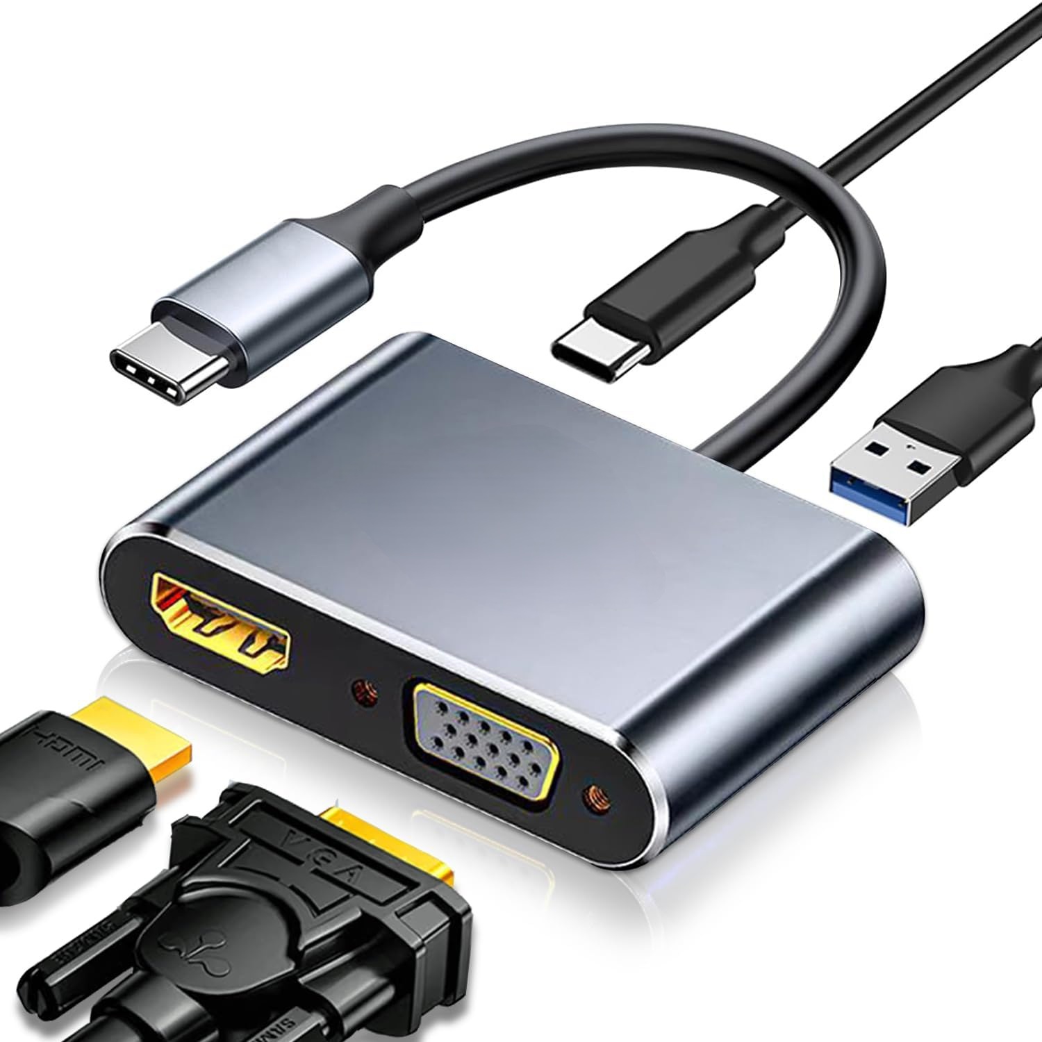 USB C to HDMI VGA Adapter for Dual Monitor, 4 in 1 USB C Hub with 4K HDMI, 1080P VGA, USB 3.0 5Gbps 100W PD, Laptop Docking Station Compatible for