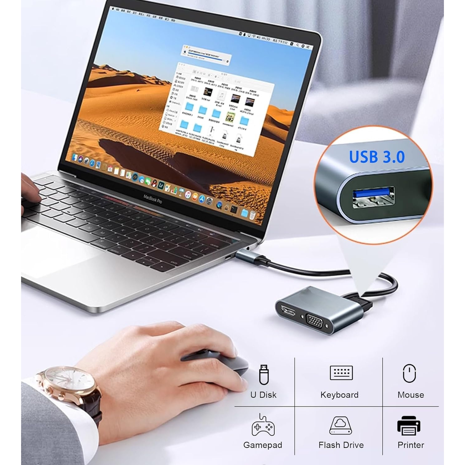 USB C to HDMI VGA Adapter for Dual Monitor, 4 in 1 USB C Hub with 4K HDMI, 1080P VGA, USB 3.0 5Gbps 100W PD, Laptop Docking Station Compatible for