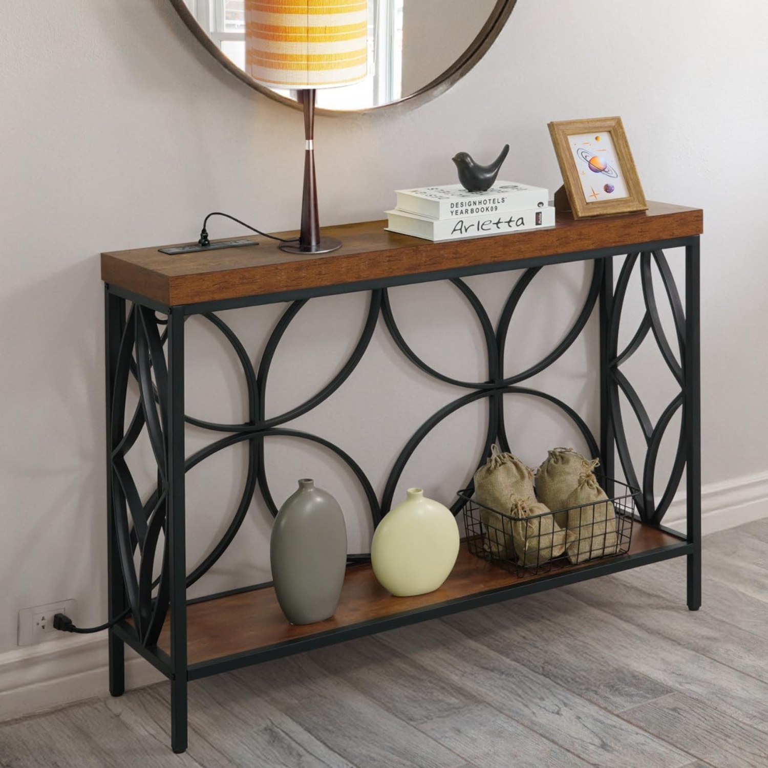 CAPHAUS 41” 2-Tier Industrial Sofa Console Thick Table w/Storage & Charging Station