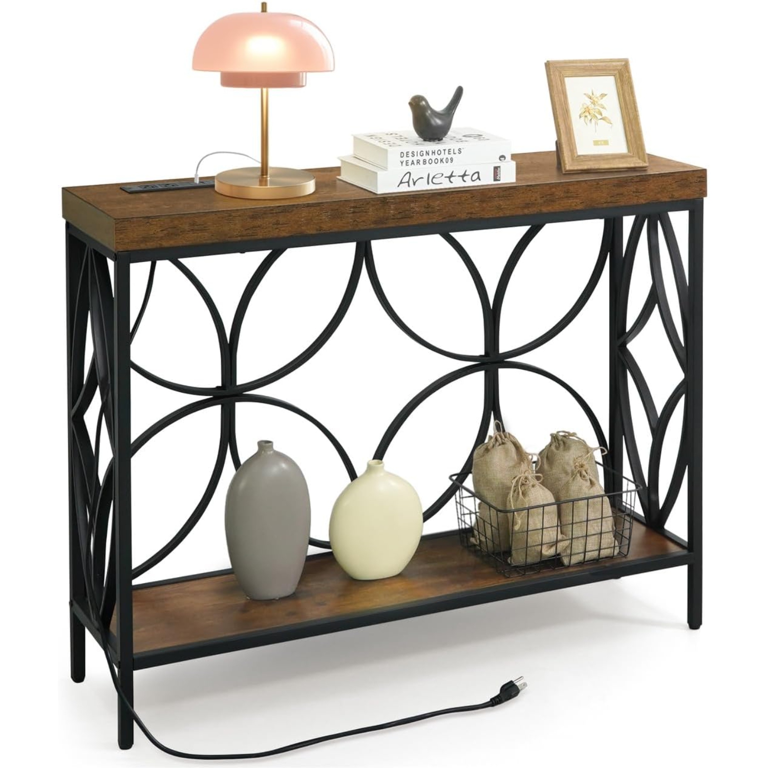 CAPHAUS 41” 2-Tier Industrial Sofa Console Thick Table w/Storage & Charging Station