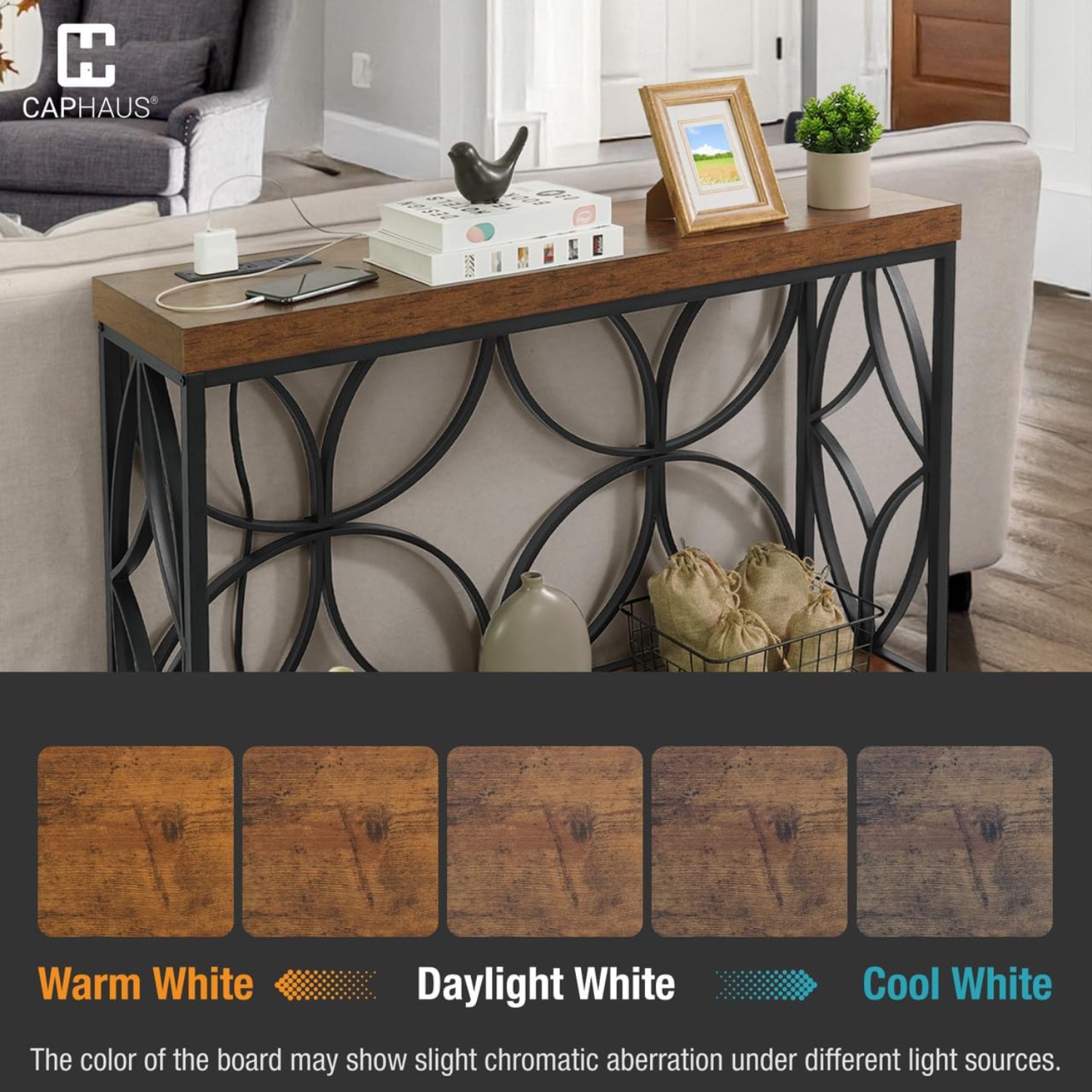 CAPHAUS 41” 2-Tier Industrial Sofa Console Thick Table w/Storage & Charging Station