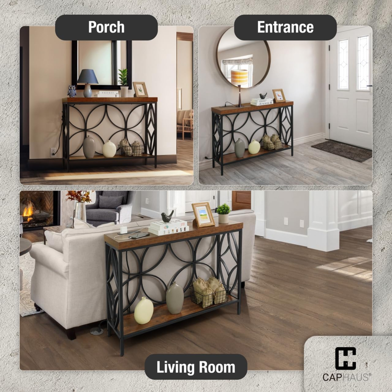 CAPHAUS 41” 2-Tier Industrial Sofa Console Thick Table w/Storage & Charging Station