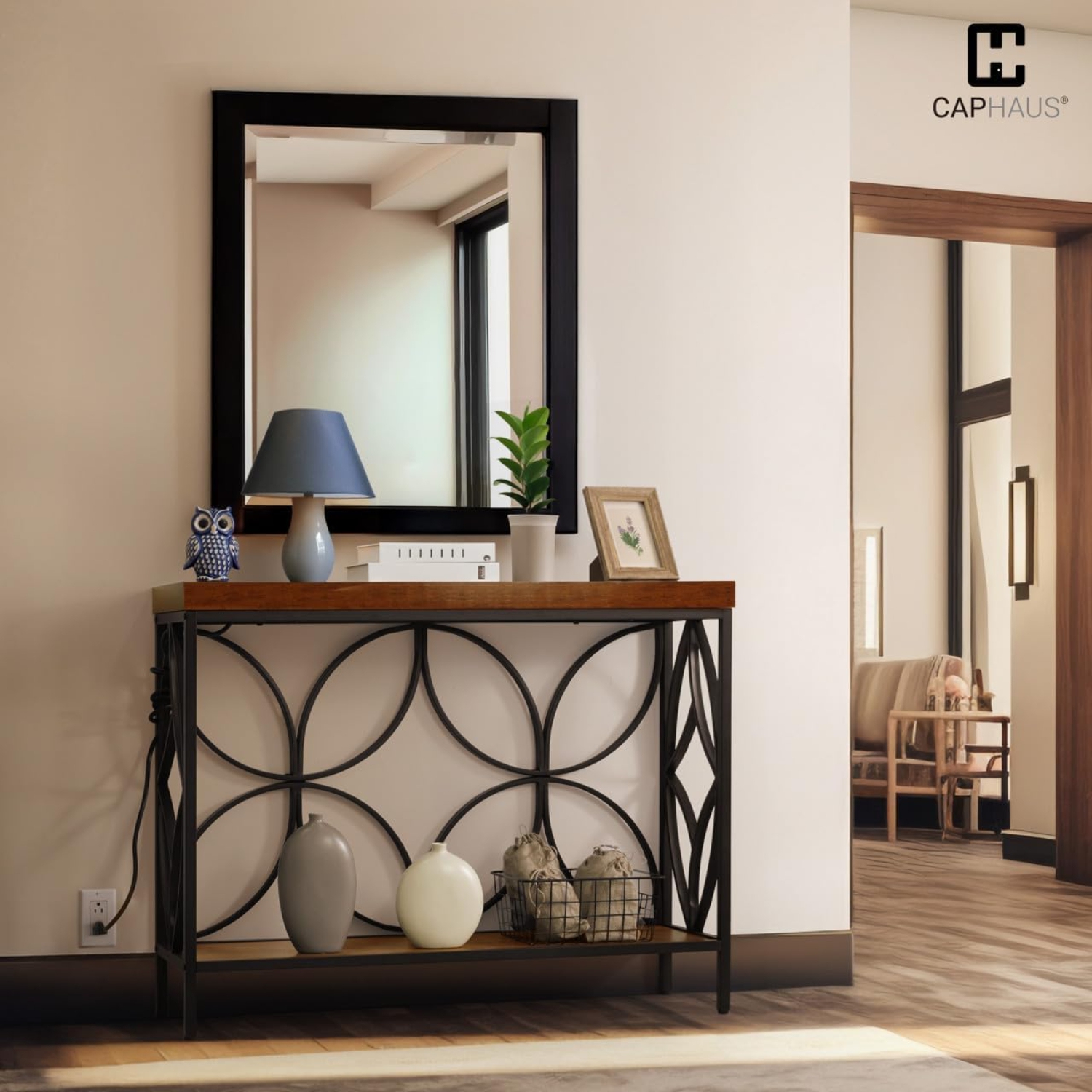 CAPHAUS 41” 2-Tier Industrial Sofa Console Thick Table w/Storage & Charging Station