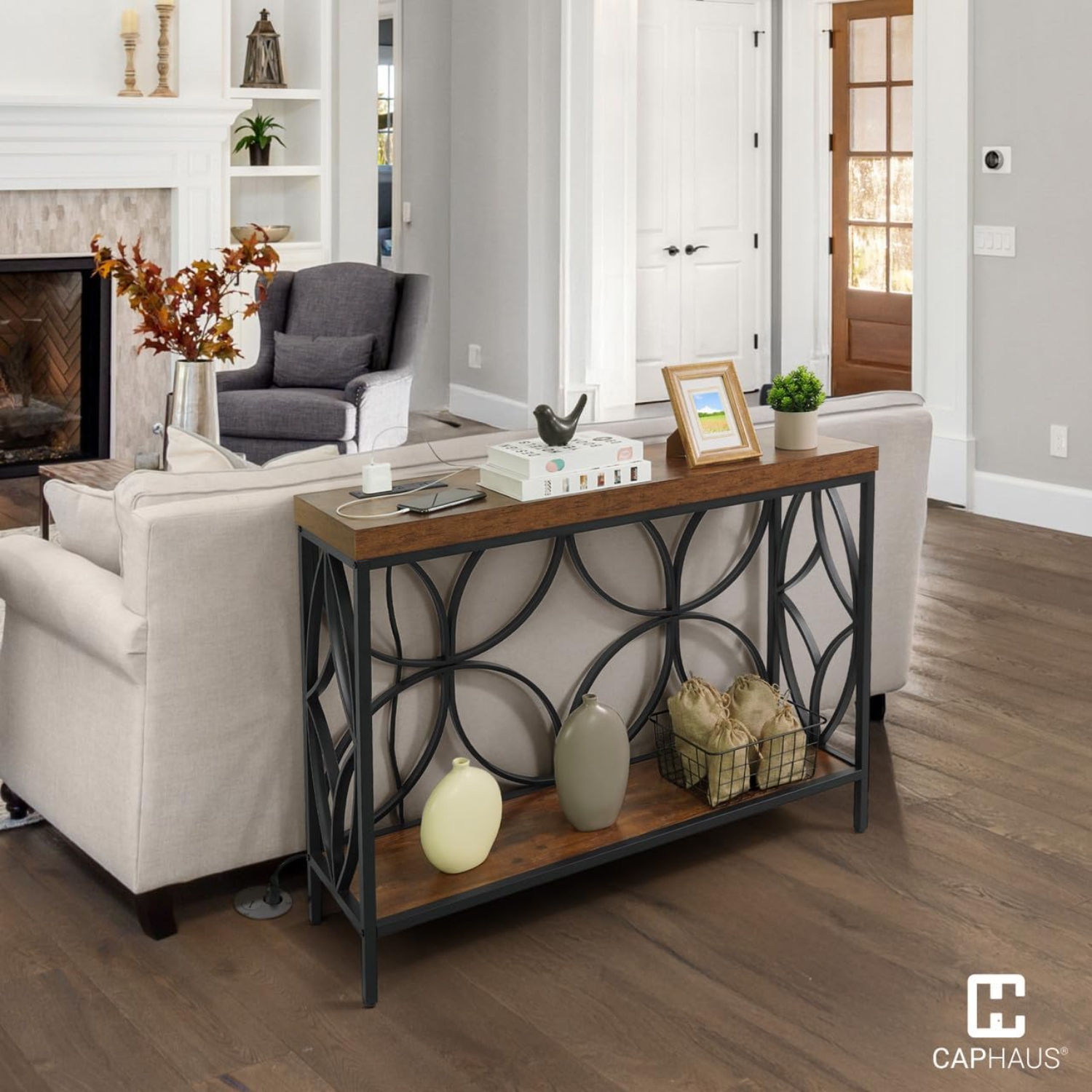 CAPHAUS 41” 2-Tier Industrial Sofa Console Thick Table w/Storage & Charging Station