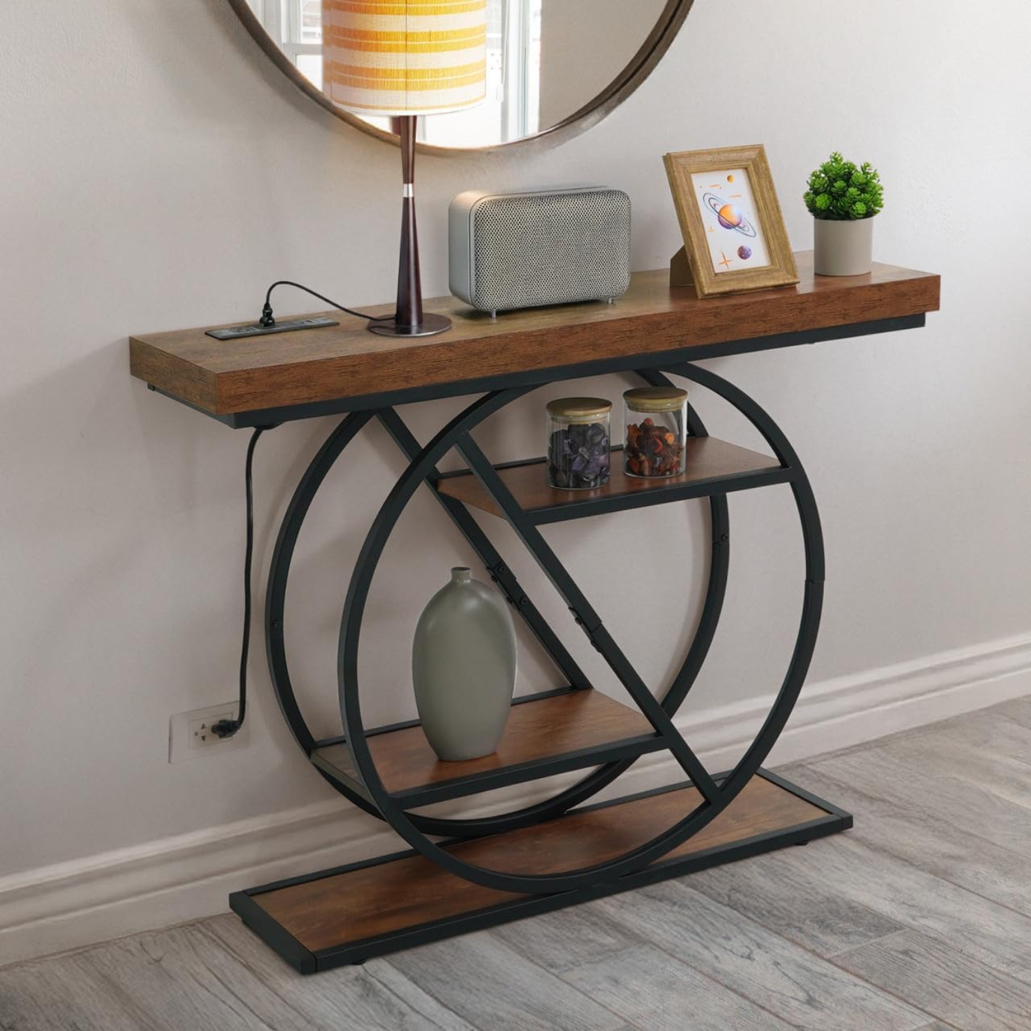 CAPHAUS 41” Unique Design 4-Tier Industrial Thick Sofa Console Table w/Storage & Charging Station