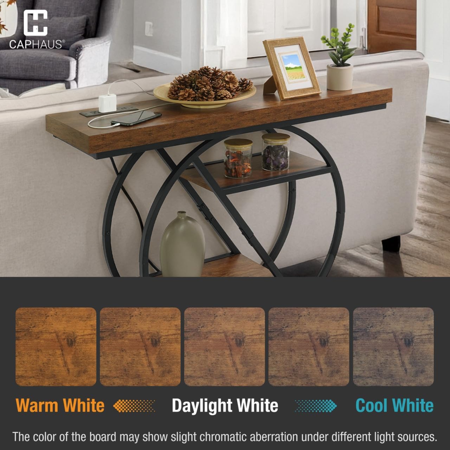 CAPHAUS 41” Unique Design 4-Tier Industrial Thick Sofa Console Table w/Storage & Charging Station