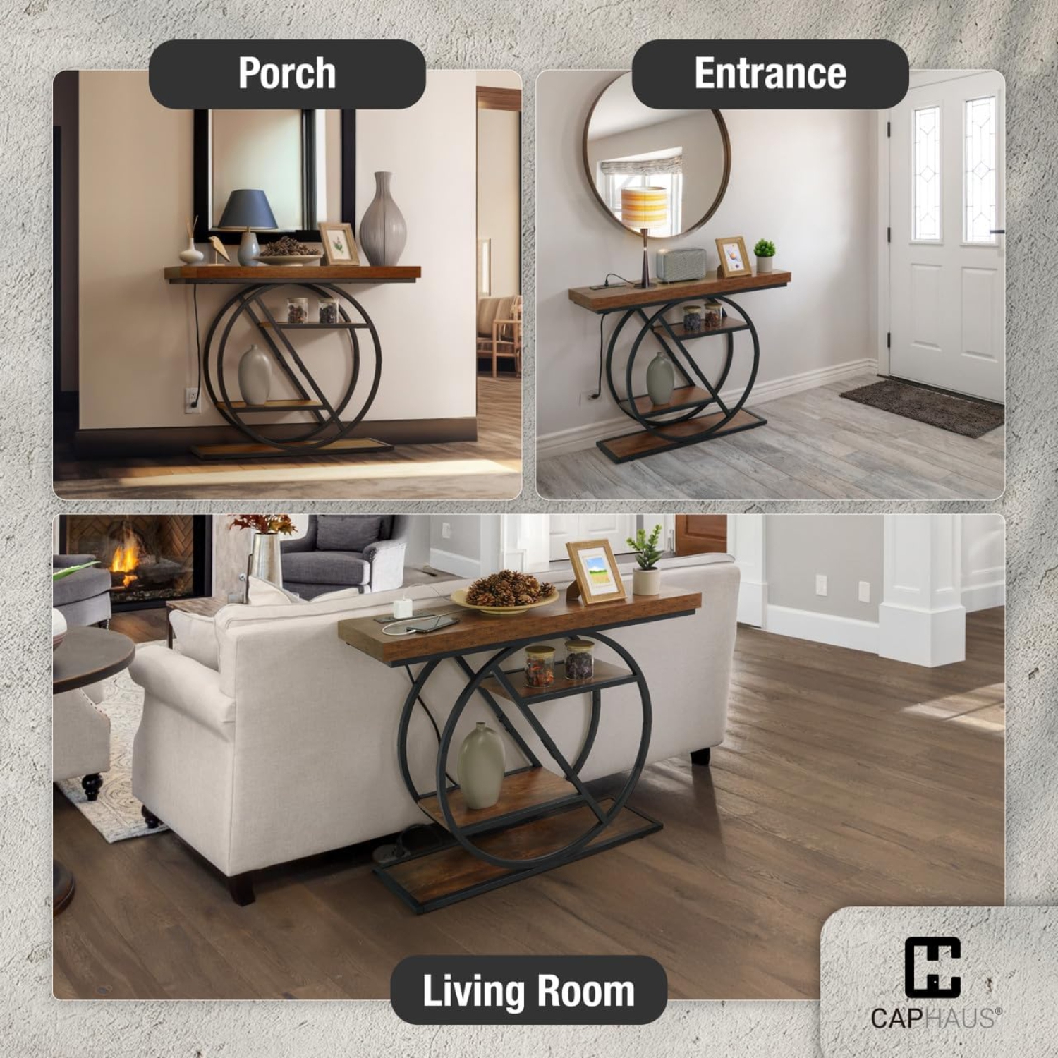 CAPHAUS 41” Unique Design 4-Tier Industrial Thick Sofa Console Table w/Storage & Charging Station