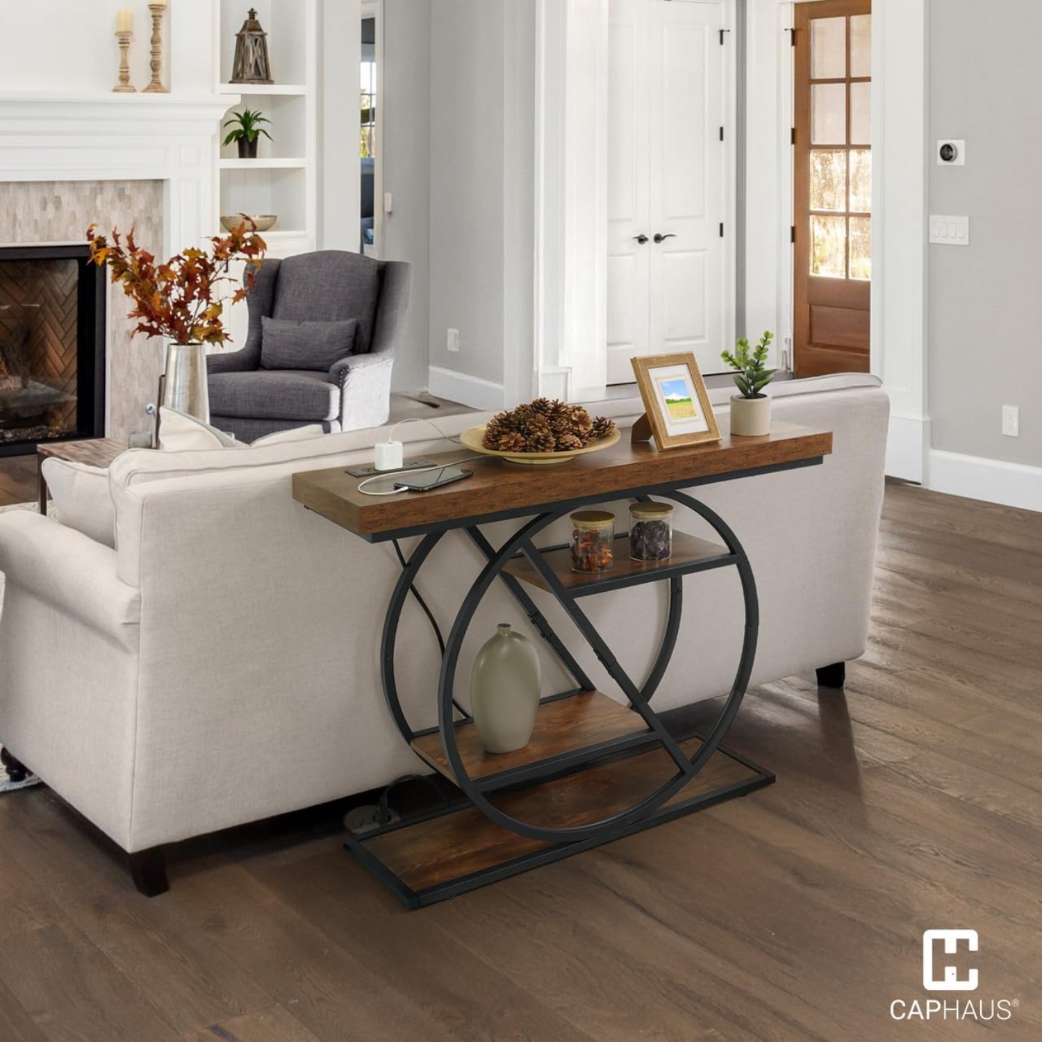 CAPHAUS 41” Unique Design 4-Tier Industrial Thick Sofa Console Table w/Storage & Charging Station