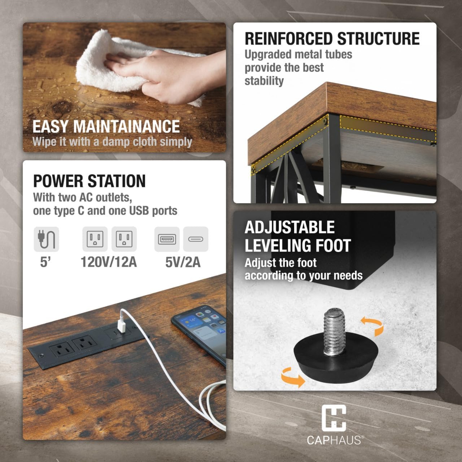 CAPHAUS 41” Unique Design 4-Tier Industrial Thick Sofa Console Table w/Storage & Charging Station