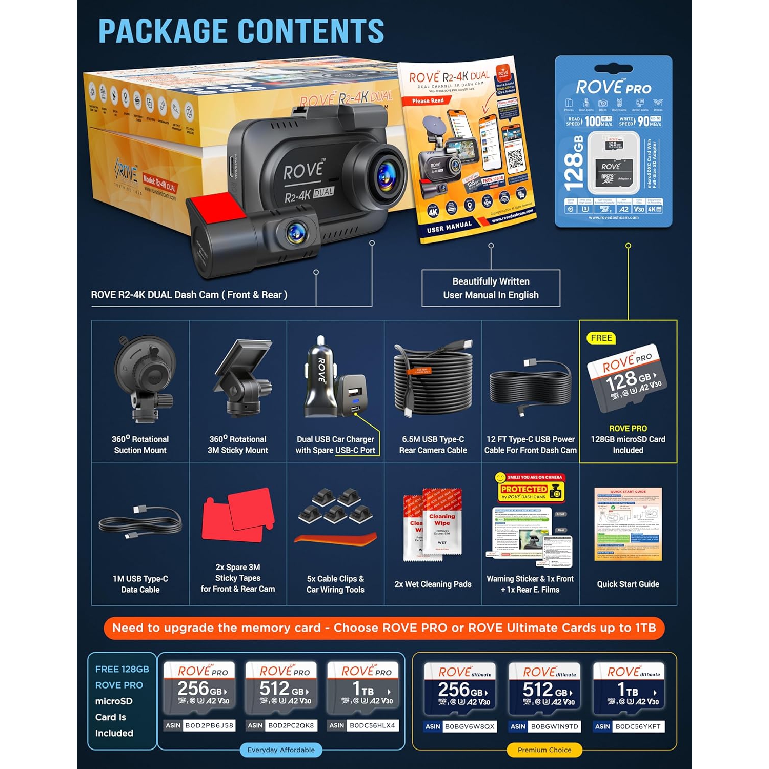 ROVE R2-4K DUAL Dash Cam Front and Rear, STARVIS 2 Sensor, FREE 128GB Card Included, 5G WiFi - up to 20MB/s Fastest Download Speed with App, 4K