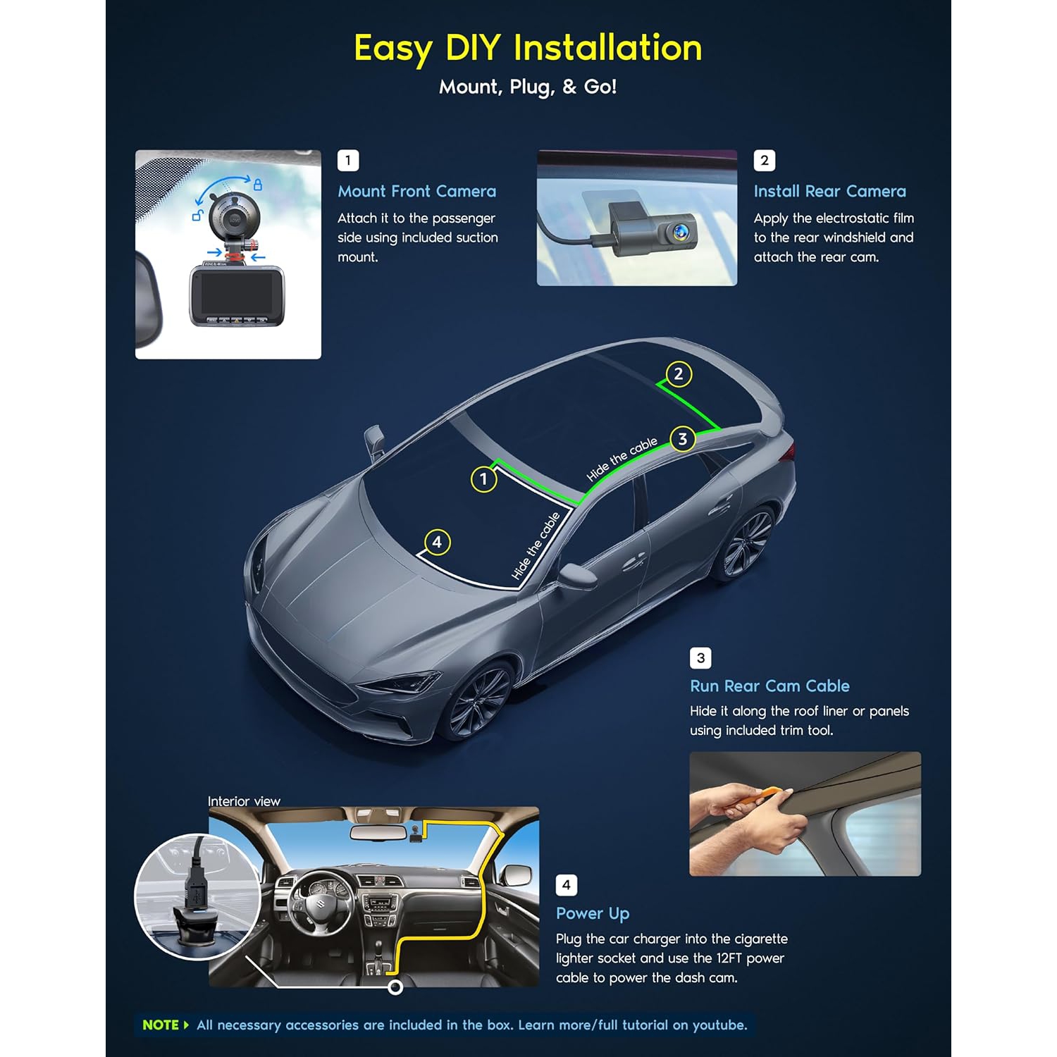 ROVE R2-4K DUAL Dash Cam Front and Rear, STARVIS 2 Sensor, FREE 128GB Card Included, 5G WiFi - up to 20MB/s Fastest Download Speed with App, 4K