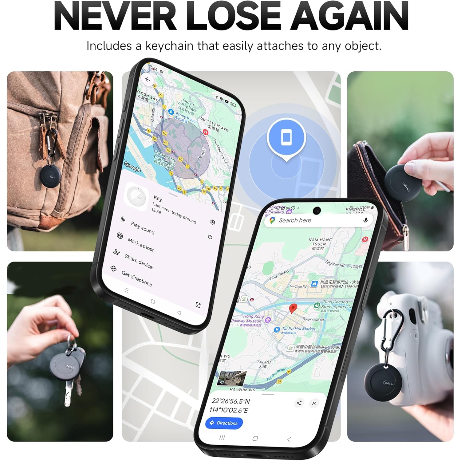MiLi Bluetooth Tracker for Android, Google Official Authorized, Key Finder, Luggage Tracker, Item Locator Compatible with Google Find My Device,