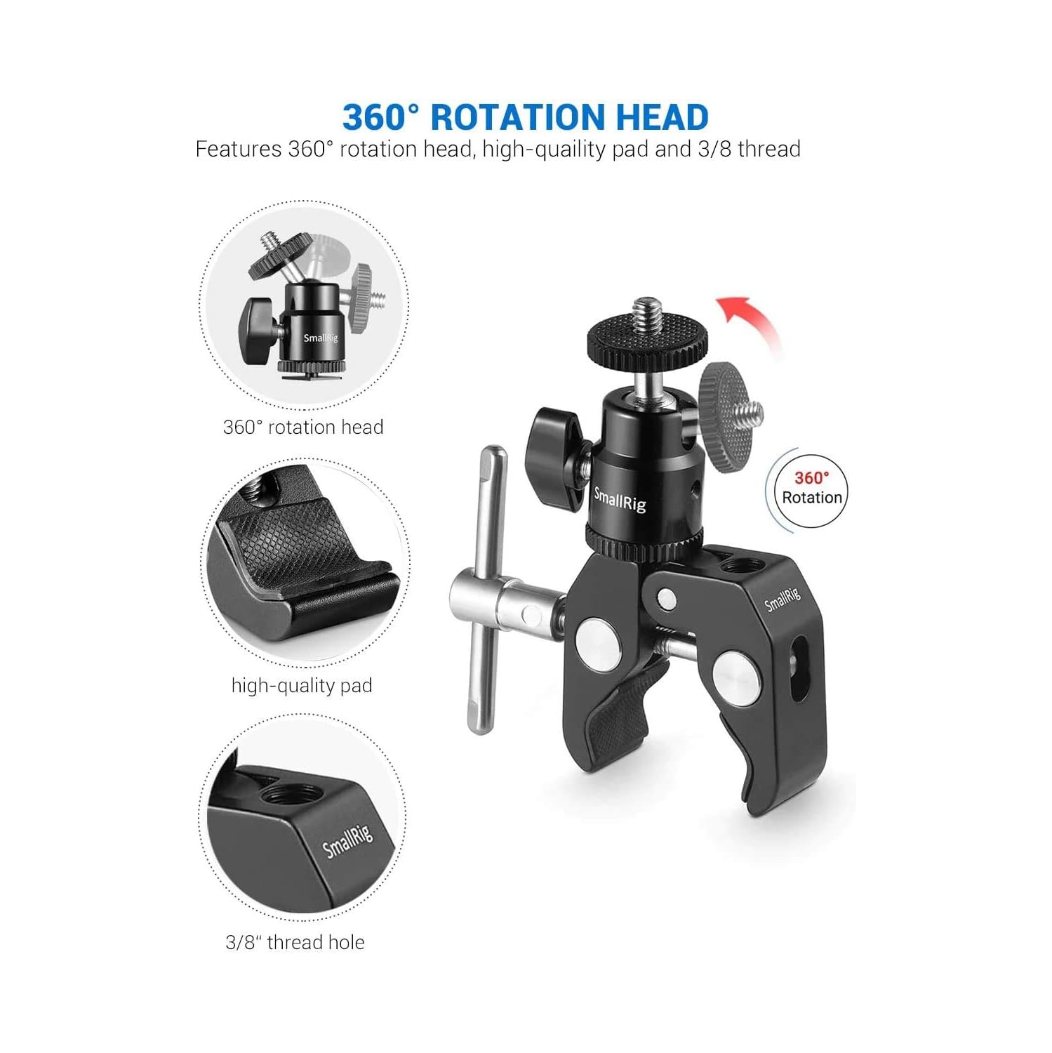 Super pince de SmallRig avec mini adaptateur pour griffe porte-accessoires avec vis 1/4 pour moniteur de champ LCD, lampes LED, microphone, pour