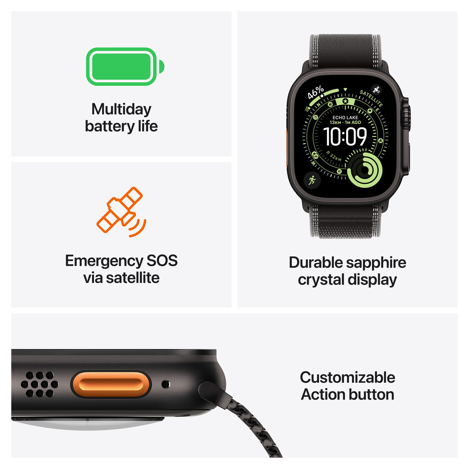 Apple Watch Ultra 3 avec boîtier de 49 mm en titane noir et bracelet océan noir