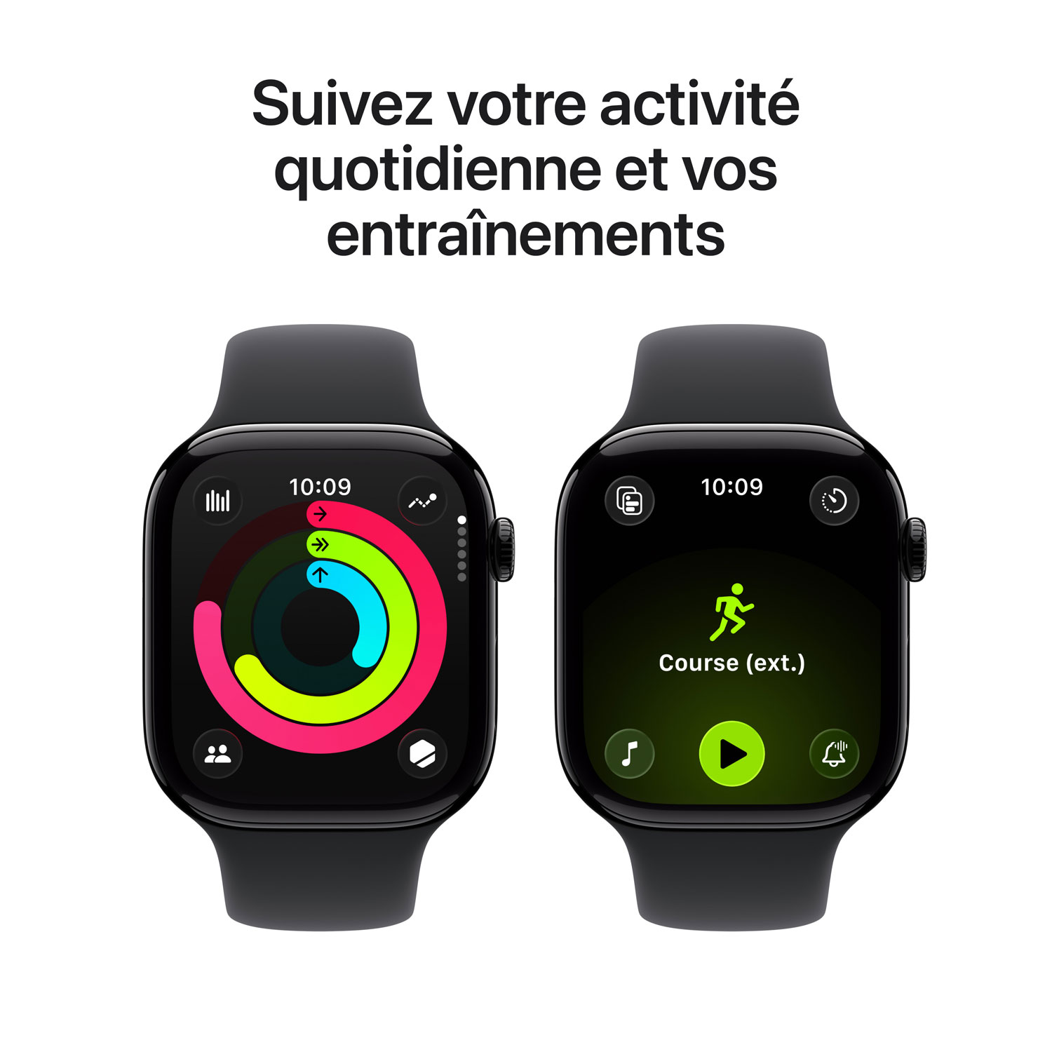 Apple Watch Series 11 avec boîtier de 42 mm en aluminium noir de jais et bracelet sport noir - Petit/Moyen